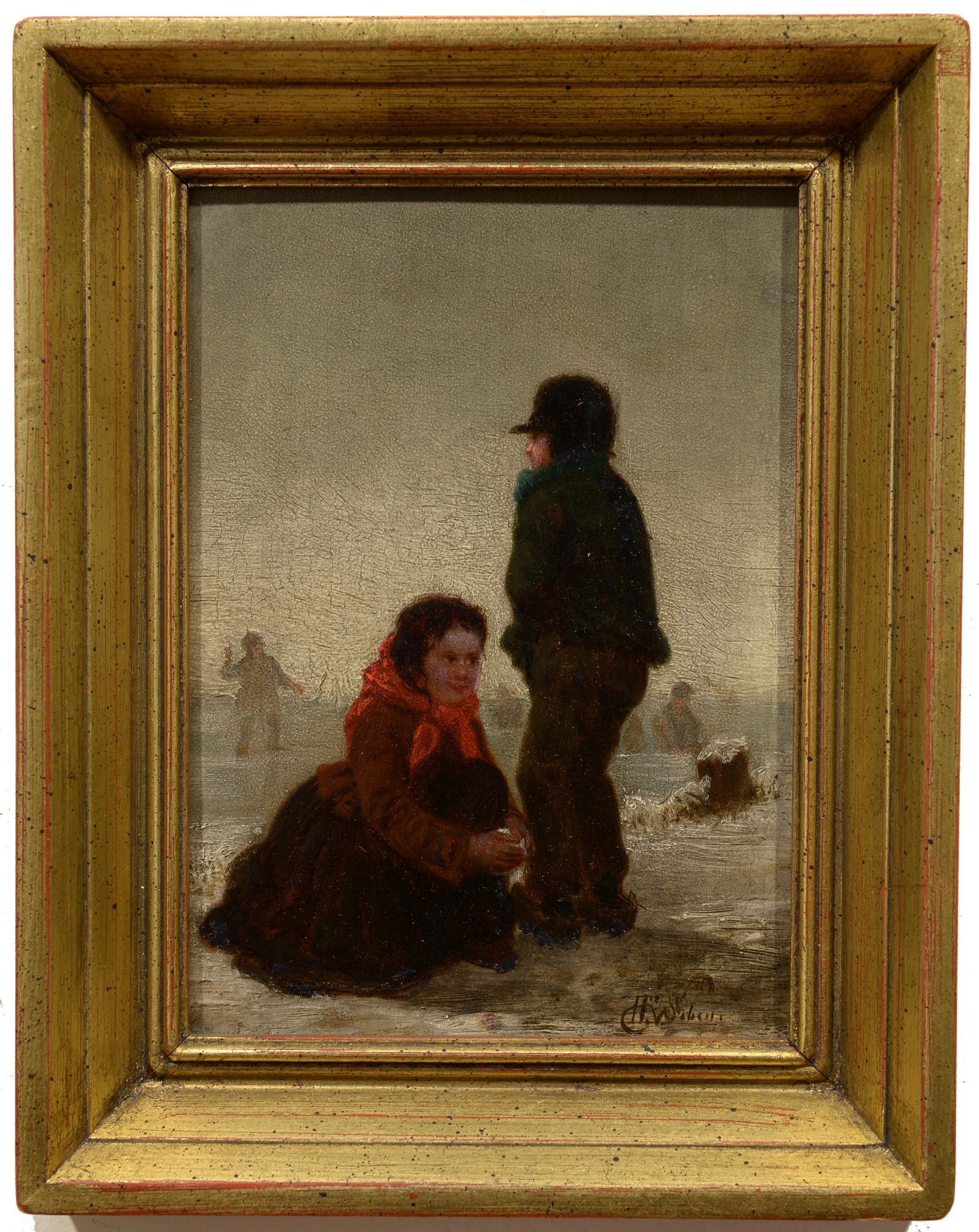 Lotta a palle di neve, XIX secolo, Belgio, Realismo, Figurale, Bambini, Inverno - Painting di Henri van Seban