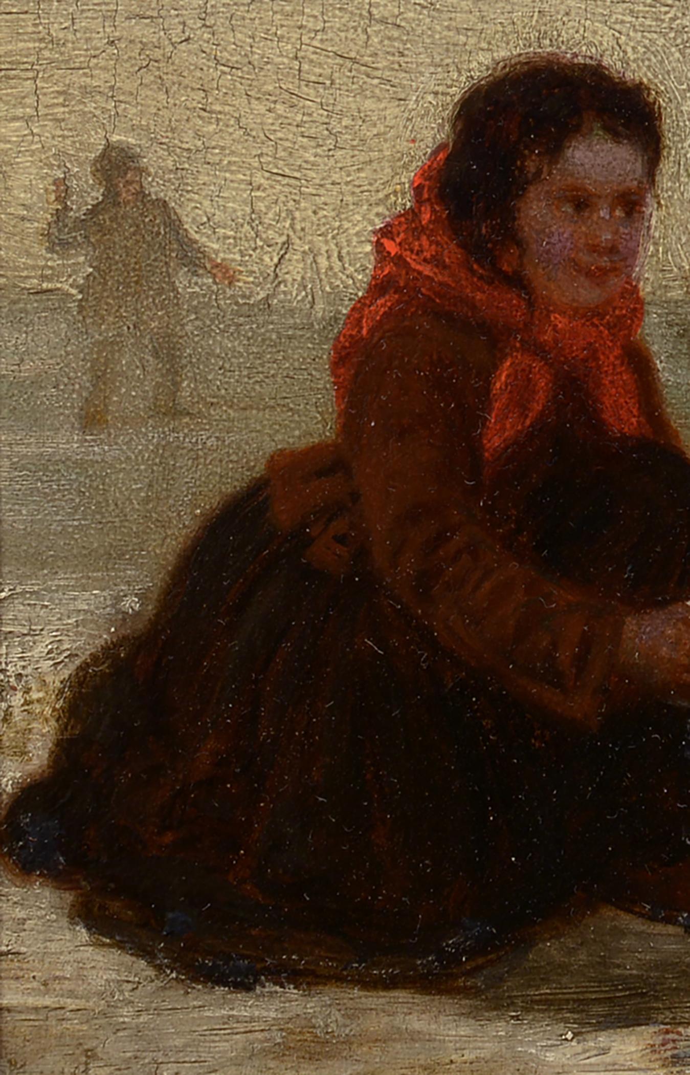 Lotta a palle di neve, XIX secolo, Belgio, Realismo, Figurale, Bambini, Inverno - Landscape Painting Marrone di Henri van Seban