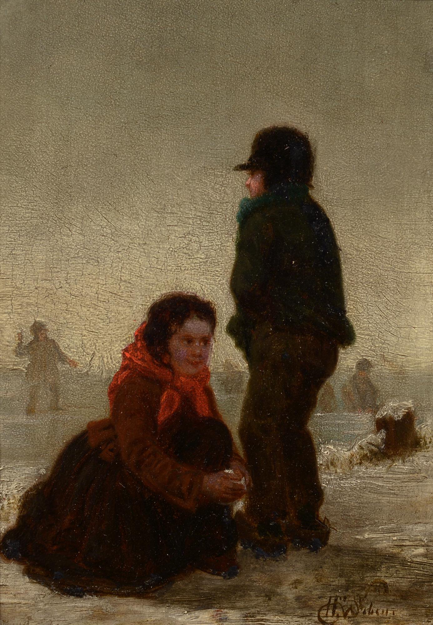 Landscape Painting di Henri van Seban - Lotta a palle di neve, XIX secolo, Belgio, Realismo, Figurale, Bambini, Inverno