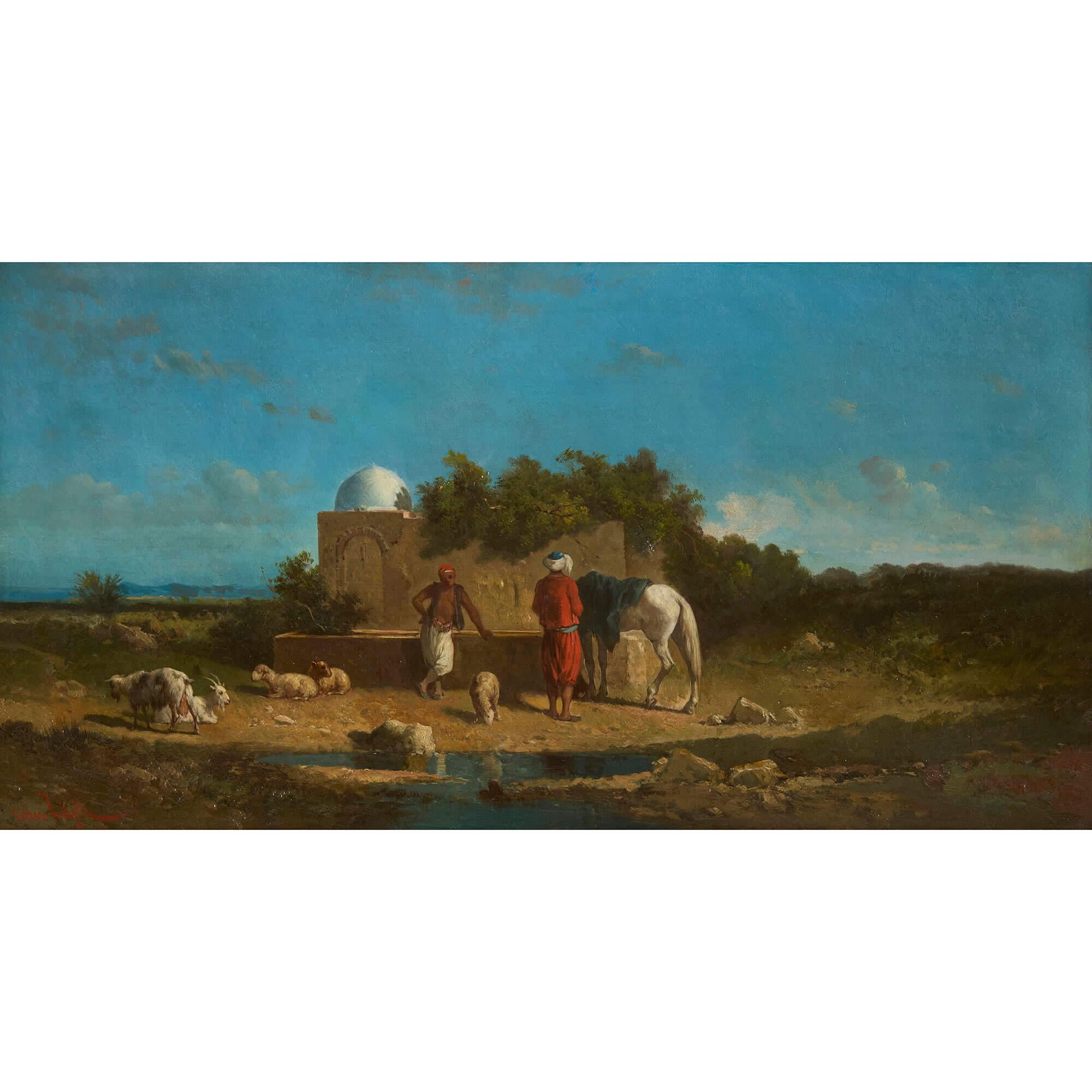 Set of four Orientalist landscape paintings by van Wijk 
Dutch, 1879 
Canvas: Height 35cm, width 65cm
Largest frame: Height 41cm, width 71cm, depth 4cm
Smallest frame: Height 39.5cm, width 69.5cm, depth 4cm

This set of four Orientalist landscape