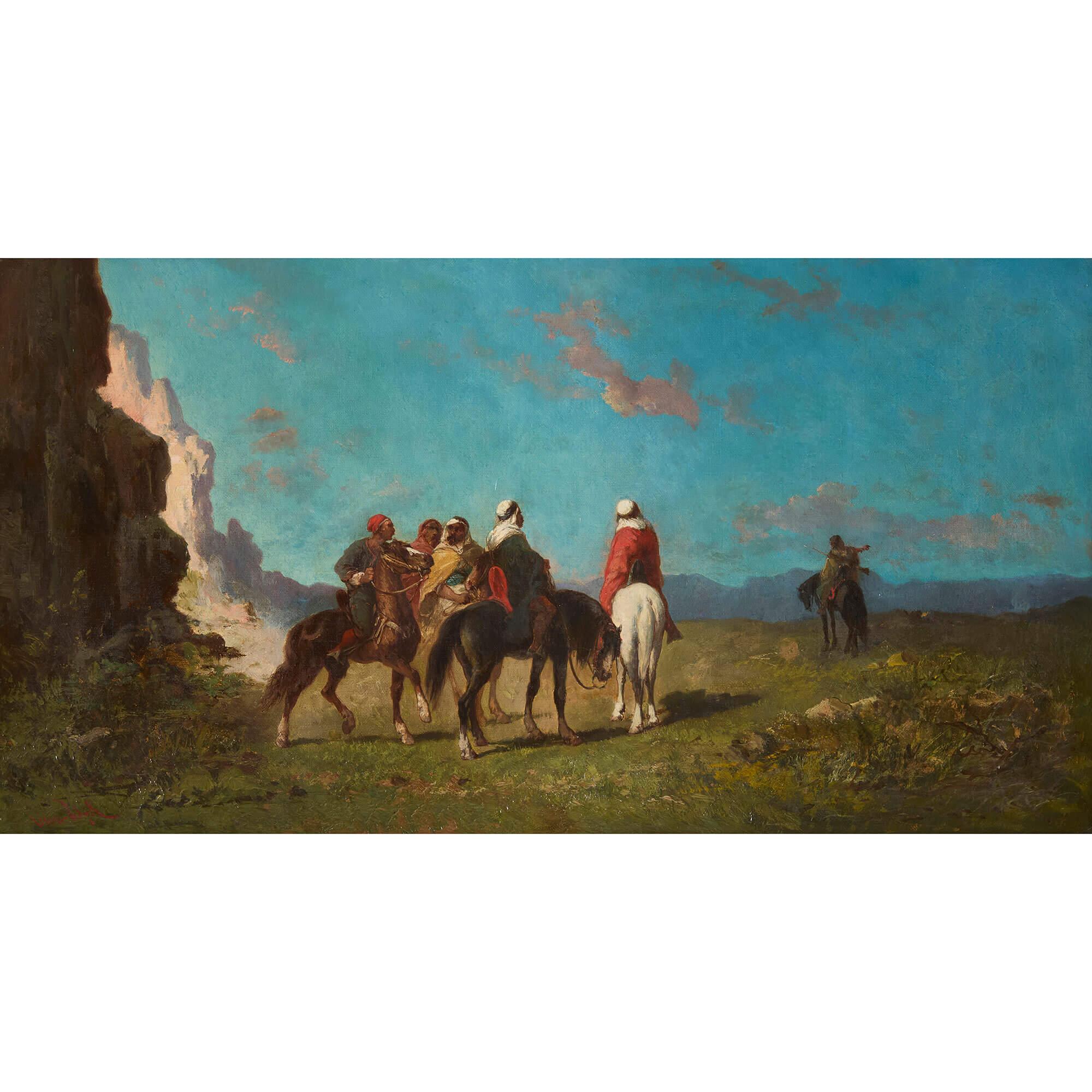 Ensemble de quatre peintures de paysages orientalistes de van Wijk 
Néerlandais, 1879 
Toile : Hauteur 35 cm, largeur 65 cm
Cadre le plus grand : Hauteur 41 cm, largeur 71 cm, profondeur 4 cm
Cadre le plus petit : Hauteur 39,5 cm, largeur 69,5 cm,