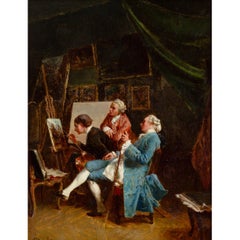 The Amateur Painters, Mid-19th-Century Dutch Oil Painting
