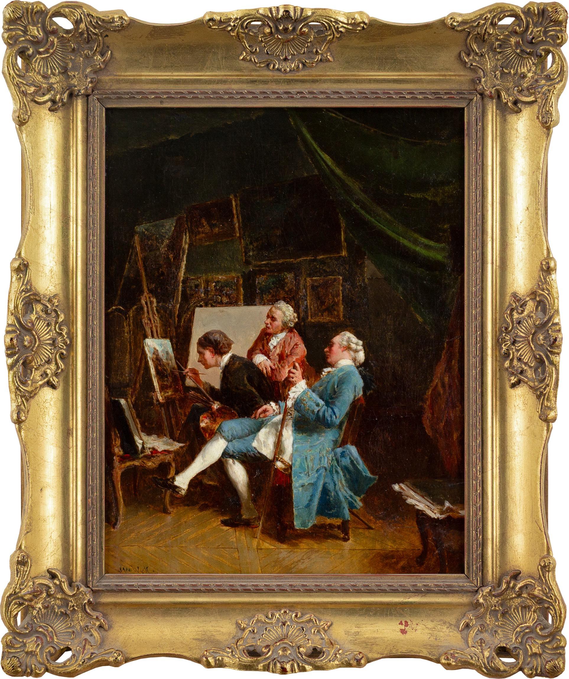 The Amateur Painters, Mid-19th-Century Dutch Oil Painting