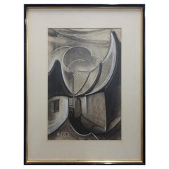 Henri Van Wynsberghe (1921-2018), « Village Du Lot », dessin au fusain et à la craie, 82