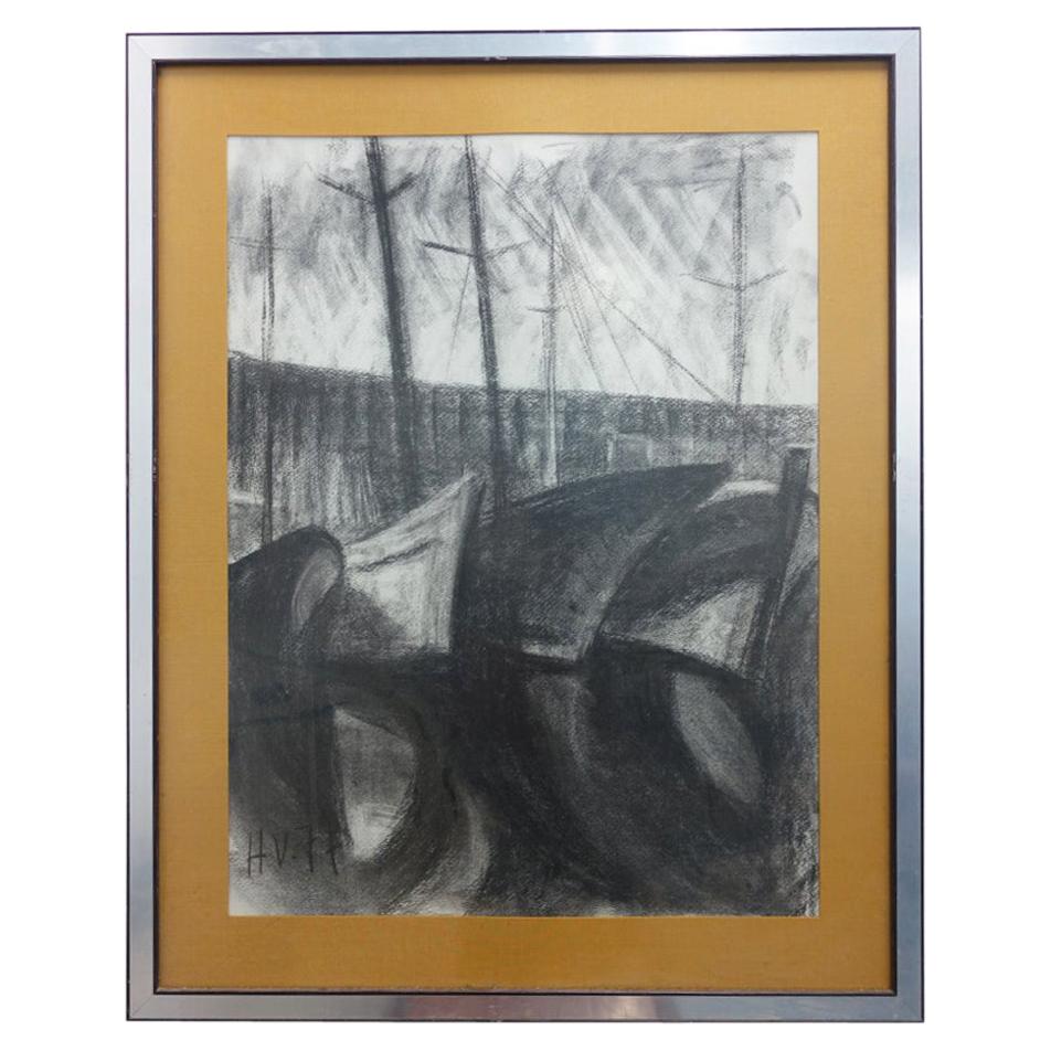 Henri Van Wynsberghe "port de menton, bateaux à quai ", Charcoal Drawing, 1977