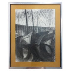 Henri Van Wynsberghe, « Port de Menton, bateaux à quai », dessin au fusain, 1977.