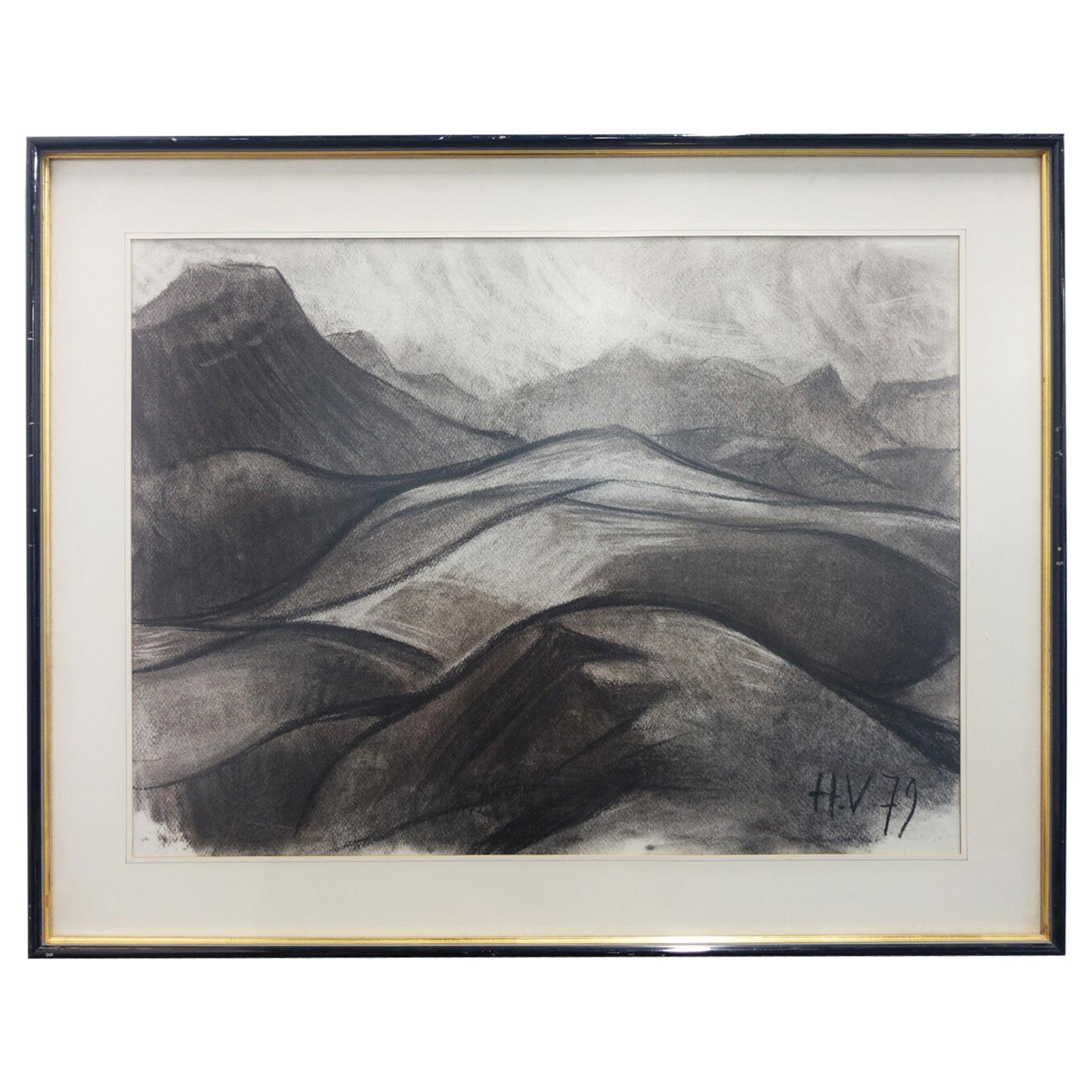 Henri Van Wynsberghe "Vallon", Charcoal Drawing, 1979 For Sale