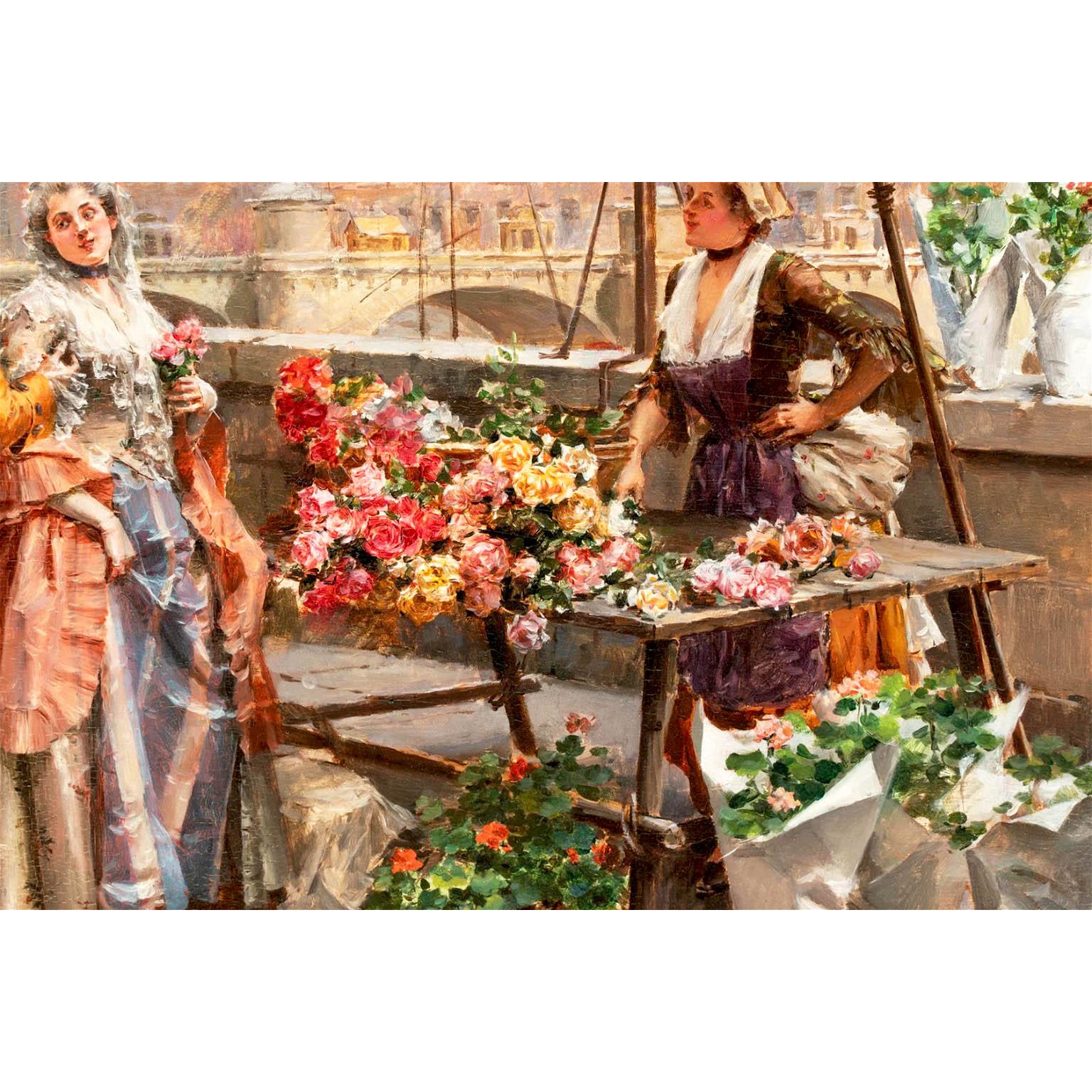 Henri Victor Lesur, Ölgemälde auf Tafel, „Der Blumenverkäufer“ (Rokoko) im Angebot