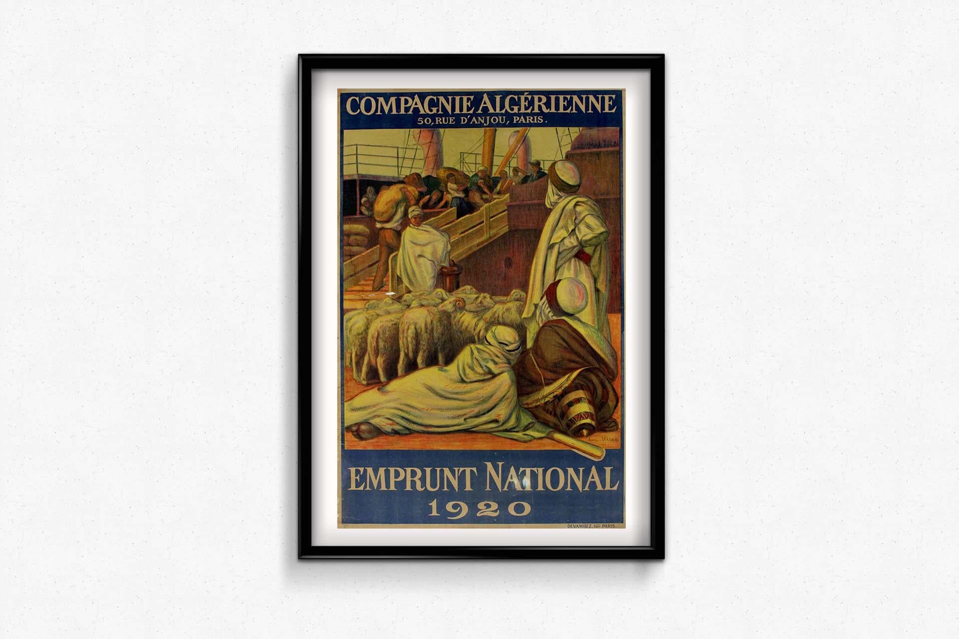 Crafted in 1920 by the skilled artist Henri Villain, the Compagnie Algérienne Emprunt National poster offers a captivating glimpse into the financial history of the time. Born in 1885, Villain was a prominent French graphic artist celebrated for his