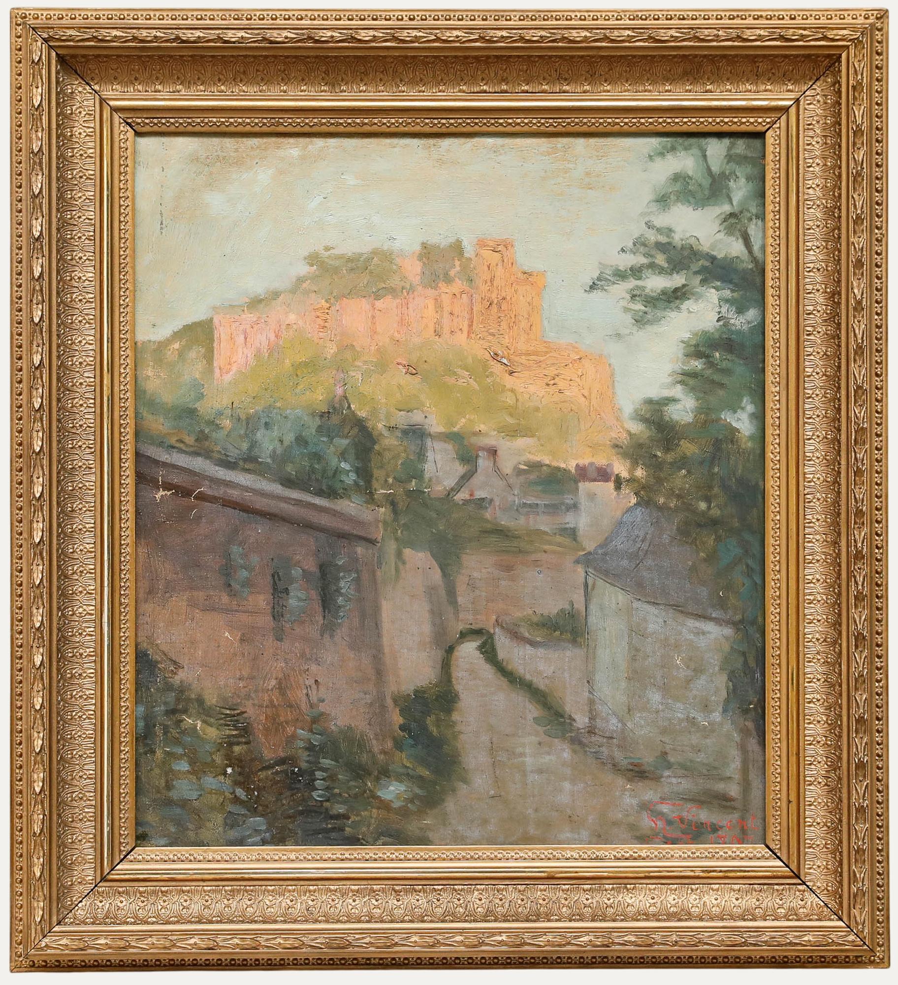 A charming oil study depicting a French town overlooked by a castle on a distant hill. The artist beautifully captures the contrast in light between the narrow provincial streets and the warmth of the dusk light on the castle facade. Signed and