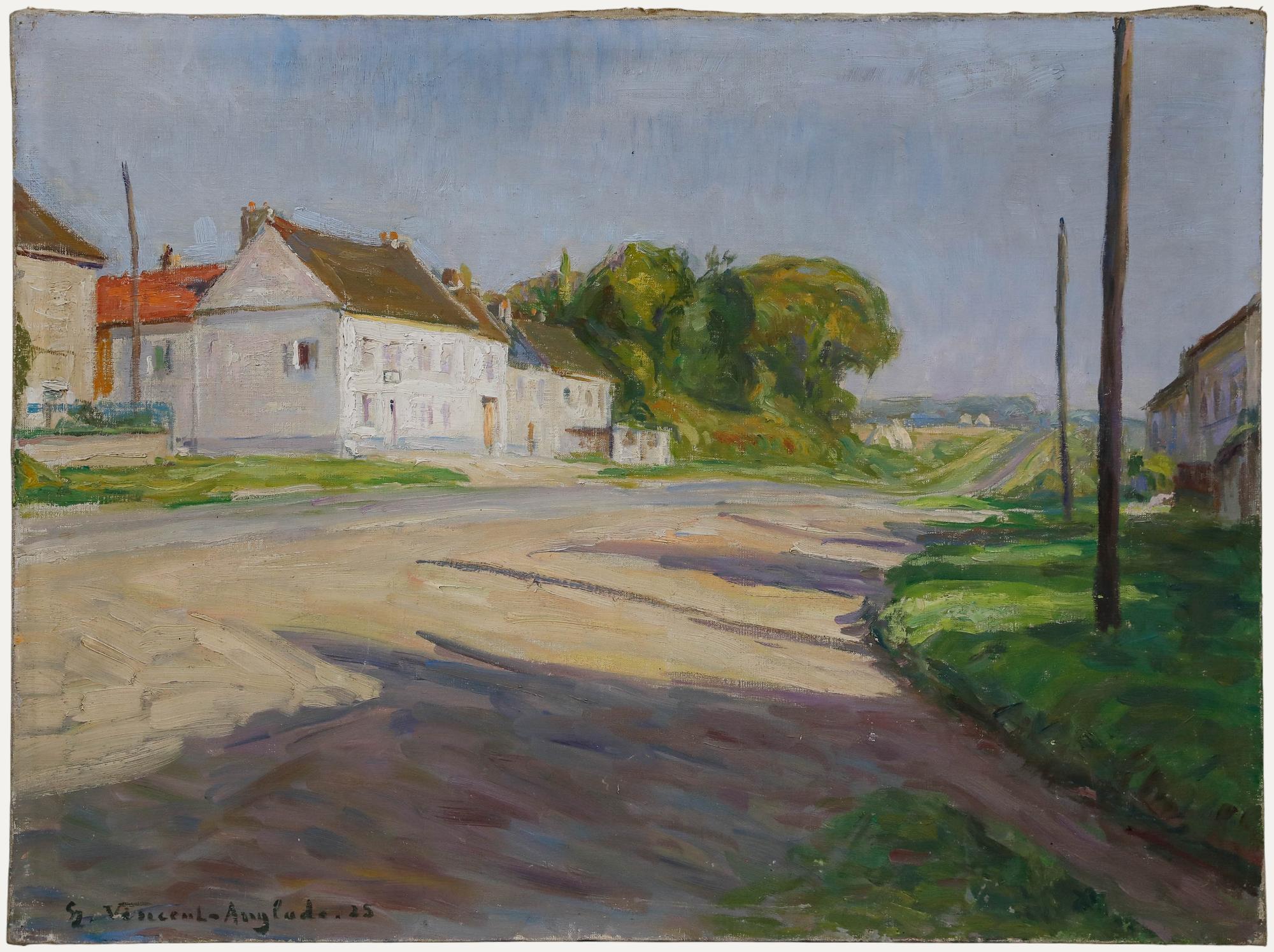 Questa scena pastorale raffigura dei cottage rurali lungo una strada di campagna che si allontana, il tutto immerso nella calda luce dorata della sera. Firmato e datato in basso a sinistra. Su tela su barelle. 