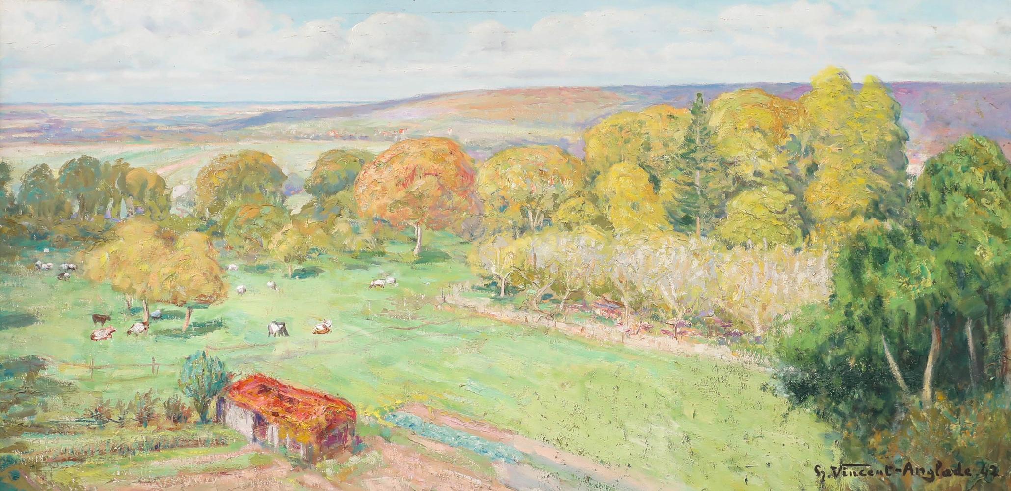 Henri Vincent-Anglade (1876-1956) - 1942 Oil, View of The Cattle Farm For Sale 1