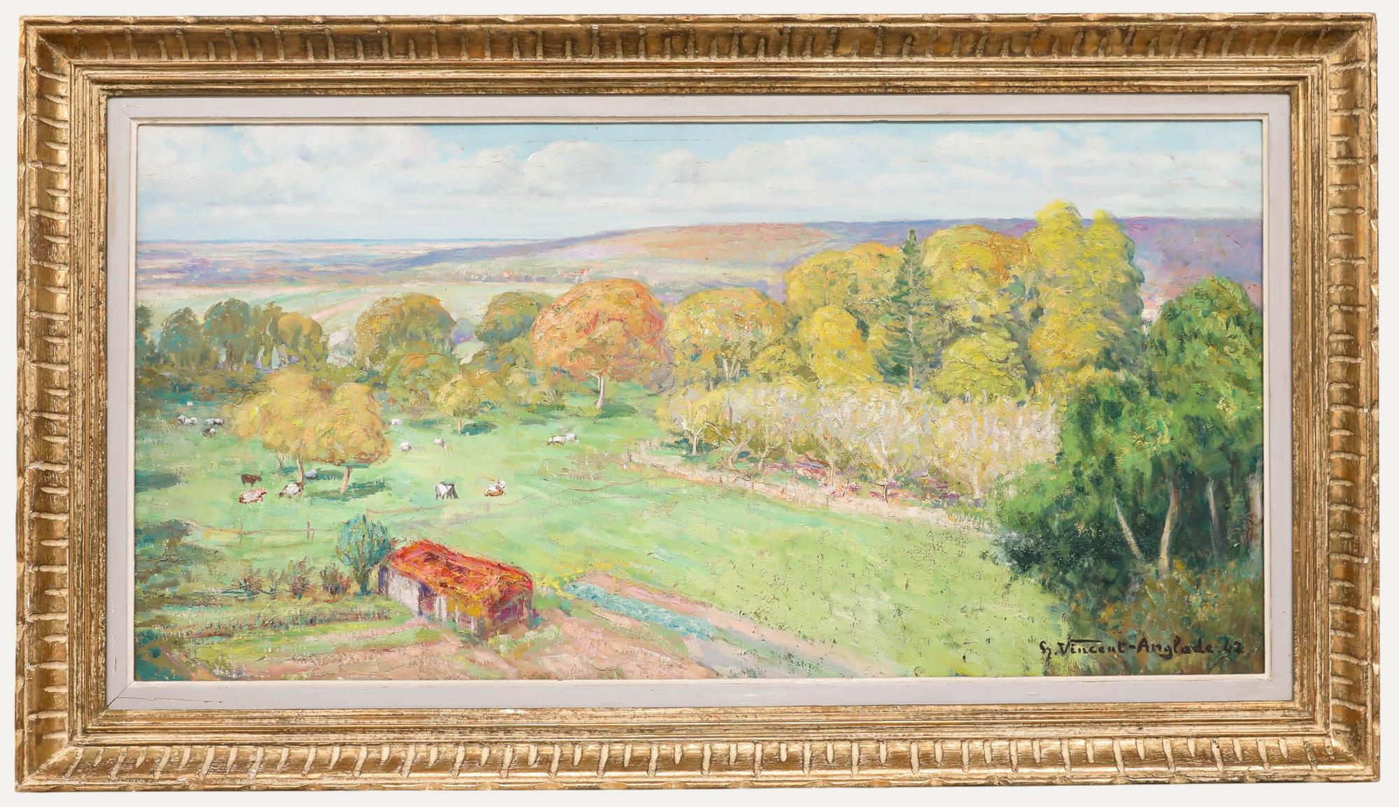 This pastoral landscape painting captures a sweeping view of rolling countryside dotted with autumn trees in brilliant yellows, oranges, and greens, while a red barn sits prominently in the lower portion of the composition. The artist employs a high