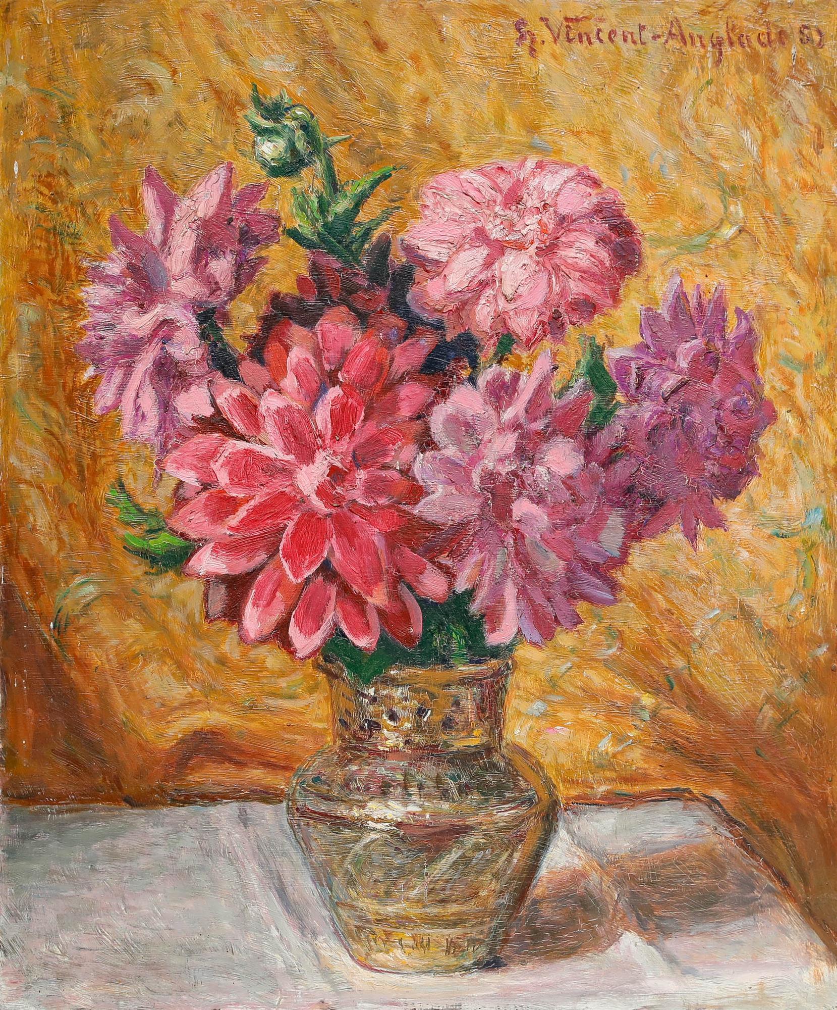 Henri Vincent-Anglade (1876-1956) - 1951 Oil, A Study of Dahlias For Sale 1