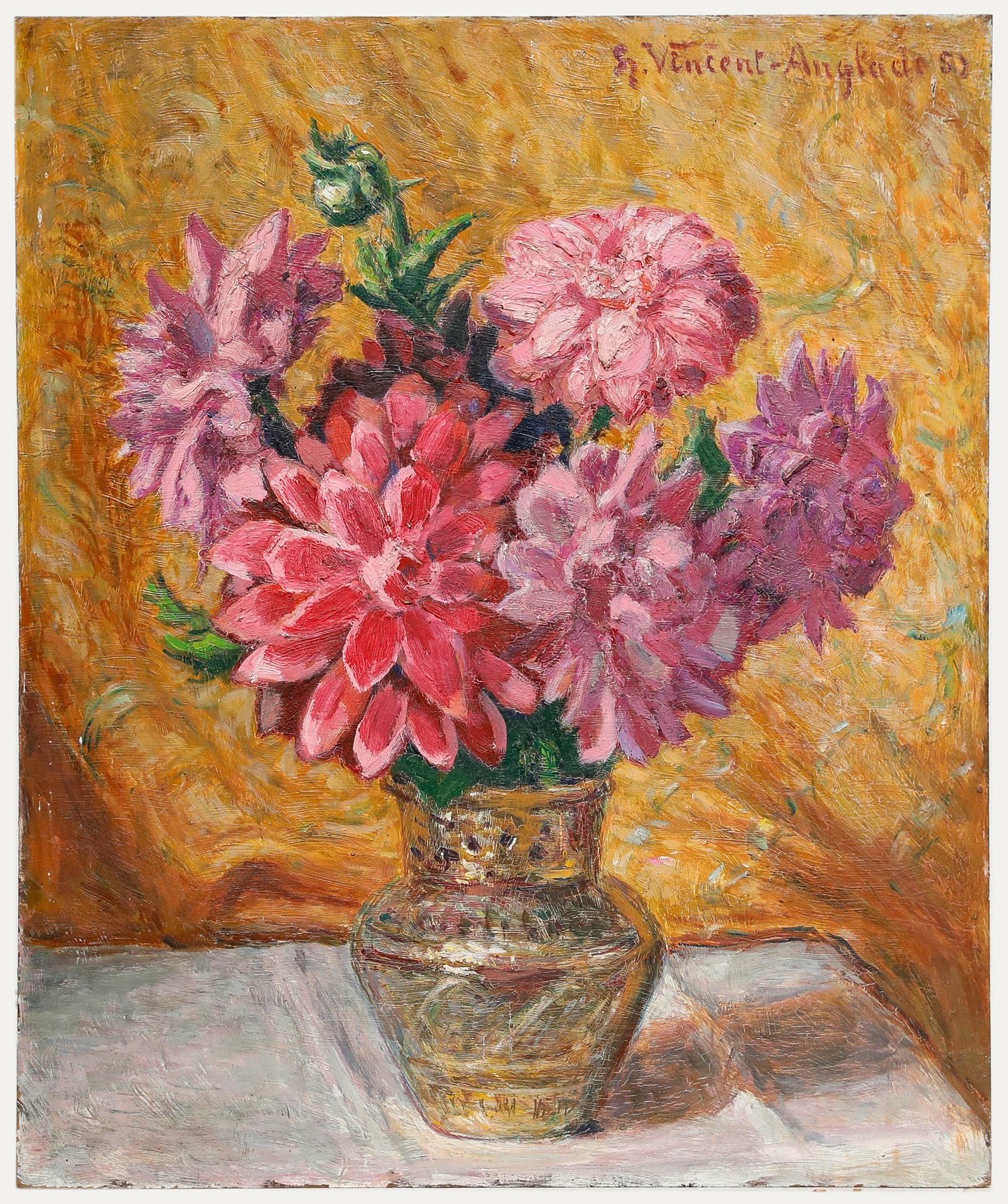 A vibrant study of dahlias presented in a ceramic vase. The artist captures the scene in a colourful palette and gestural brushwork, bringing life and movement to the composition. Signed and dated to the upper right. On board. 