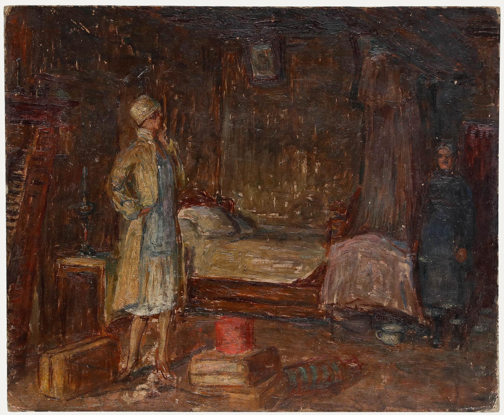 A charismatic scene depicting a man being caught in the act of stealing from a bedroom interior. Unsigned. Secondary study of a faun at a dinner table verso. On board.