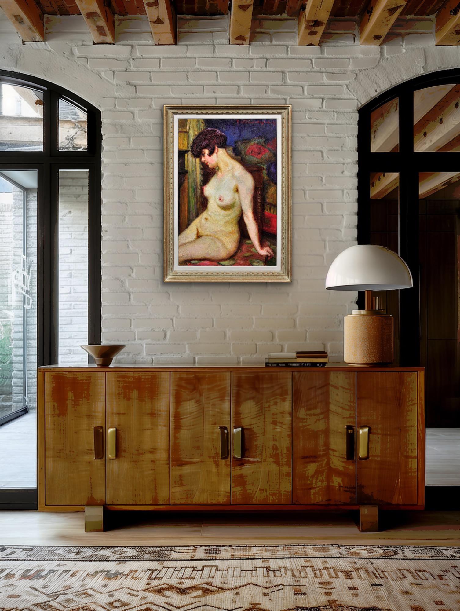 La Muse Framed 1937 French Post-Impressionist Oil Painting Of A Female Nude For Sale 10