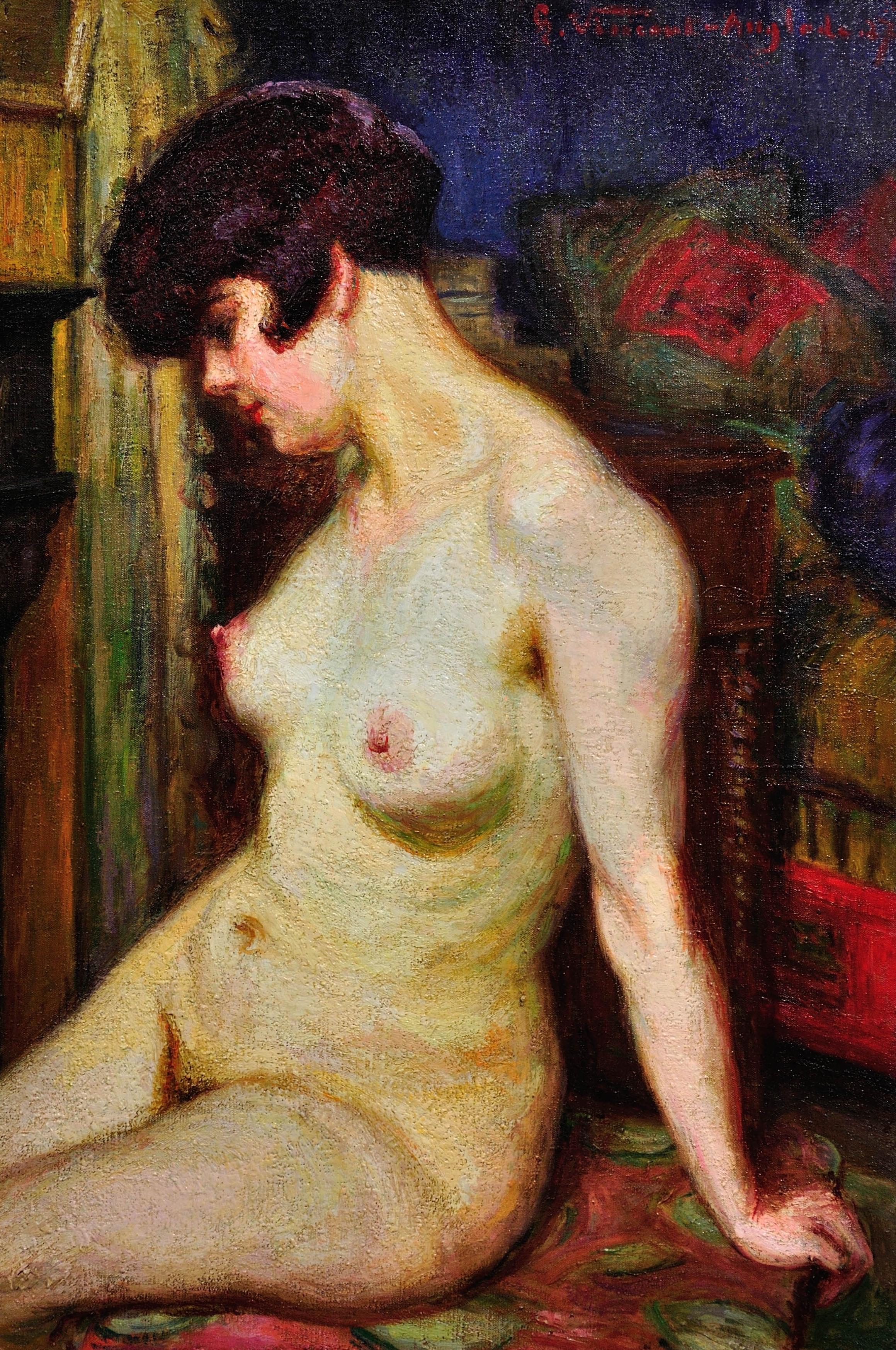 La Muse Framed 1937 French Post-Impressionist Oil Painting Of A Female Nude - Brown Nude Painting by Henri Vincent-Anglade
