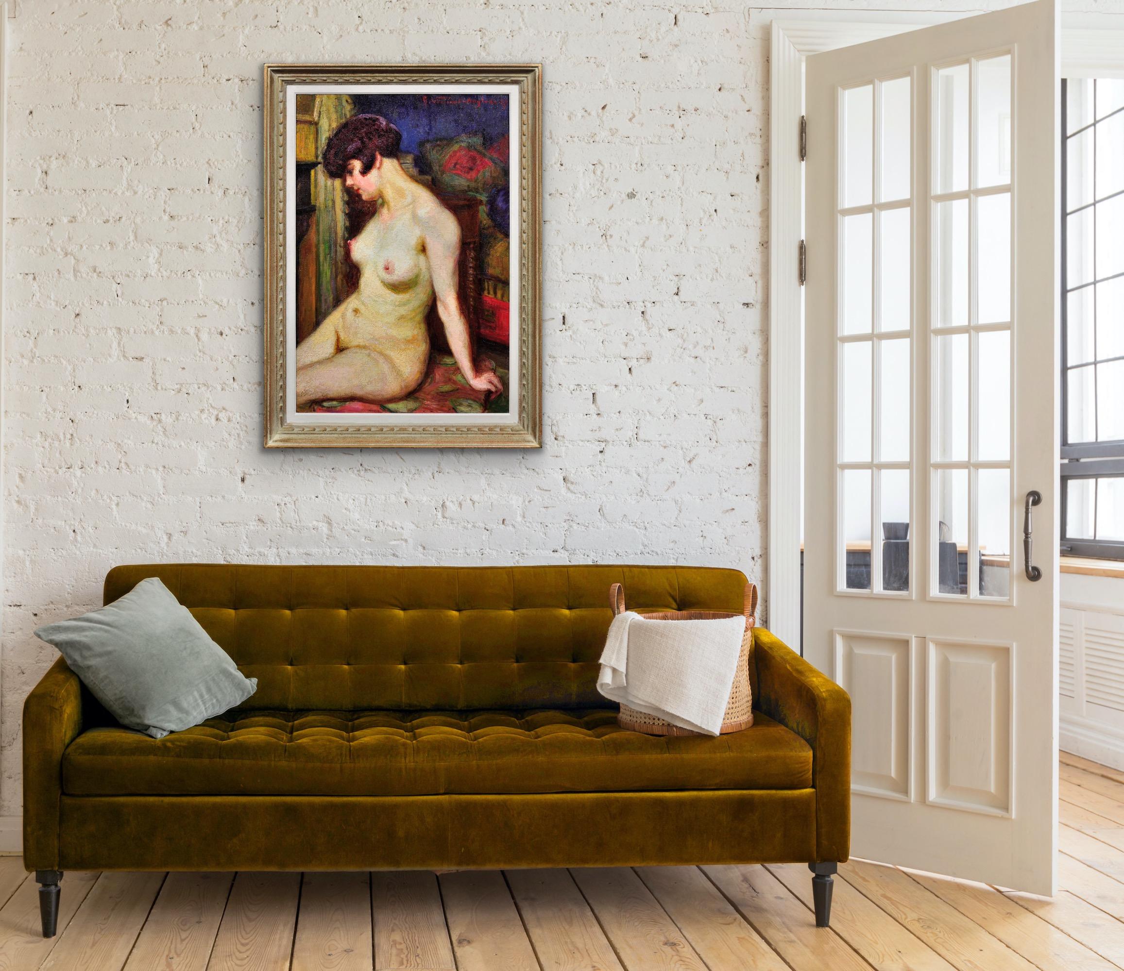 La Muse Framed 1937 French Post-Impressionist Oil Painting Of A Female Nude For Sale 2