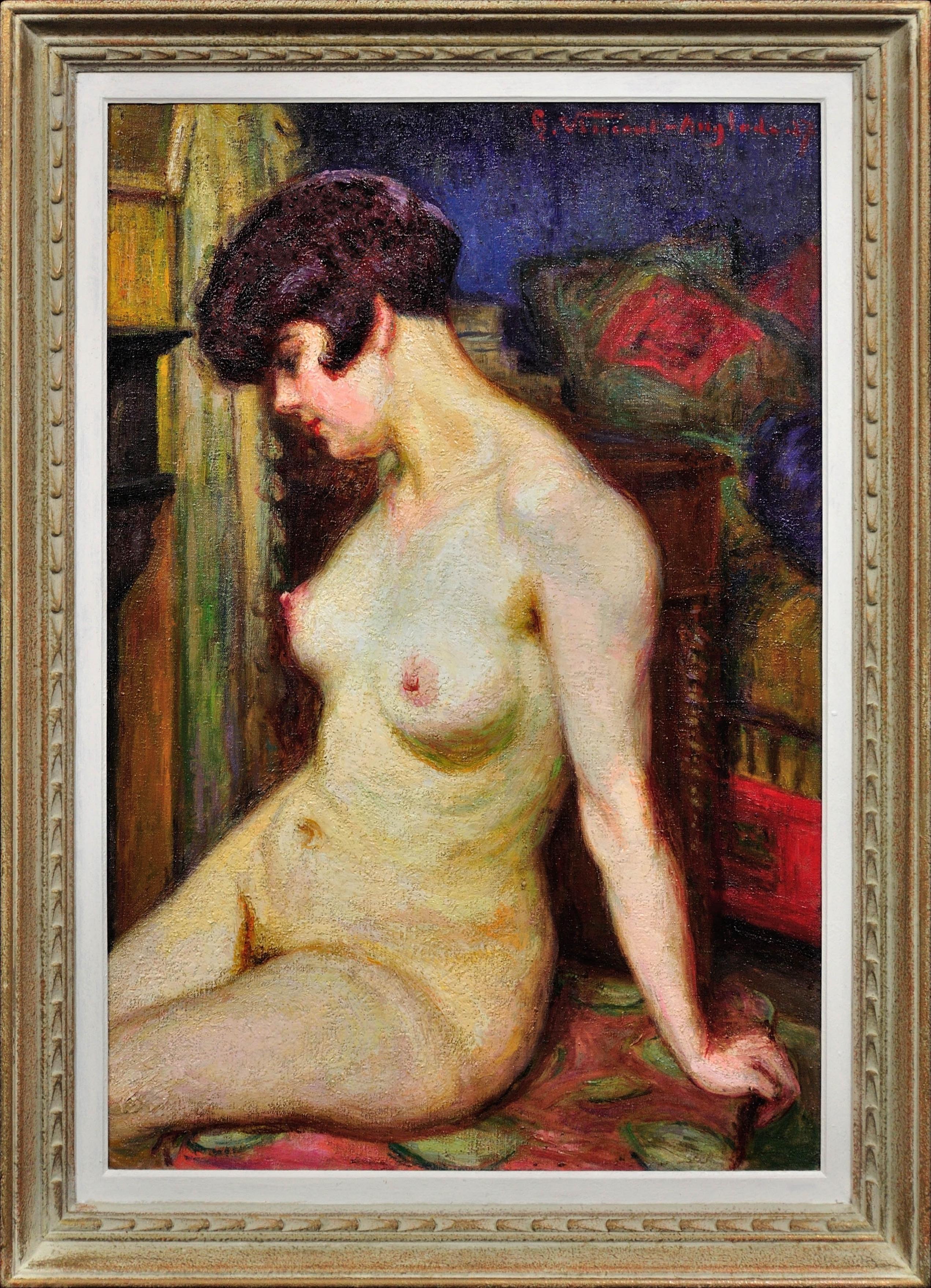 Henri Vincent-Anglade Nude Painting - La Muse Framed 1937 French Post-Impressionist Oil Painting Of A Female Nude