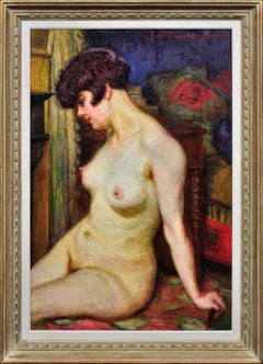 La Muse Cuadro al óleo francés post-impresionista de 1937 de un desnudo femenino enmarcado