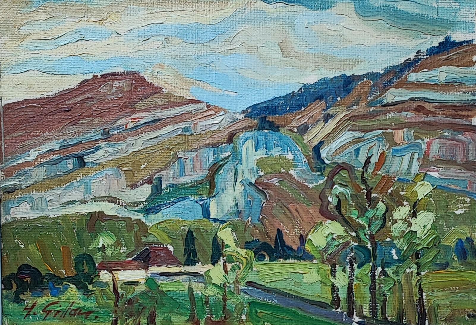 Landscape Painting de Henri Vincent Gillard - Los graneros de Thônex