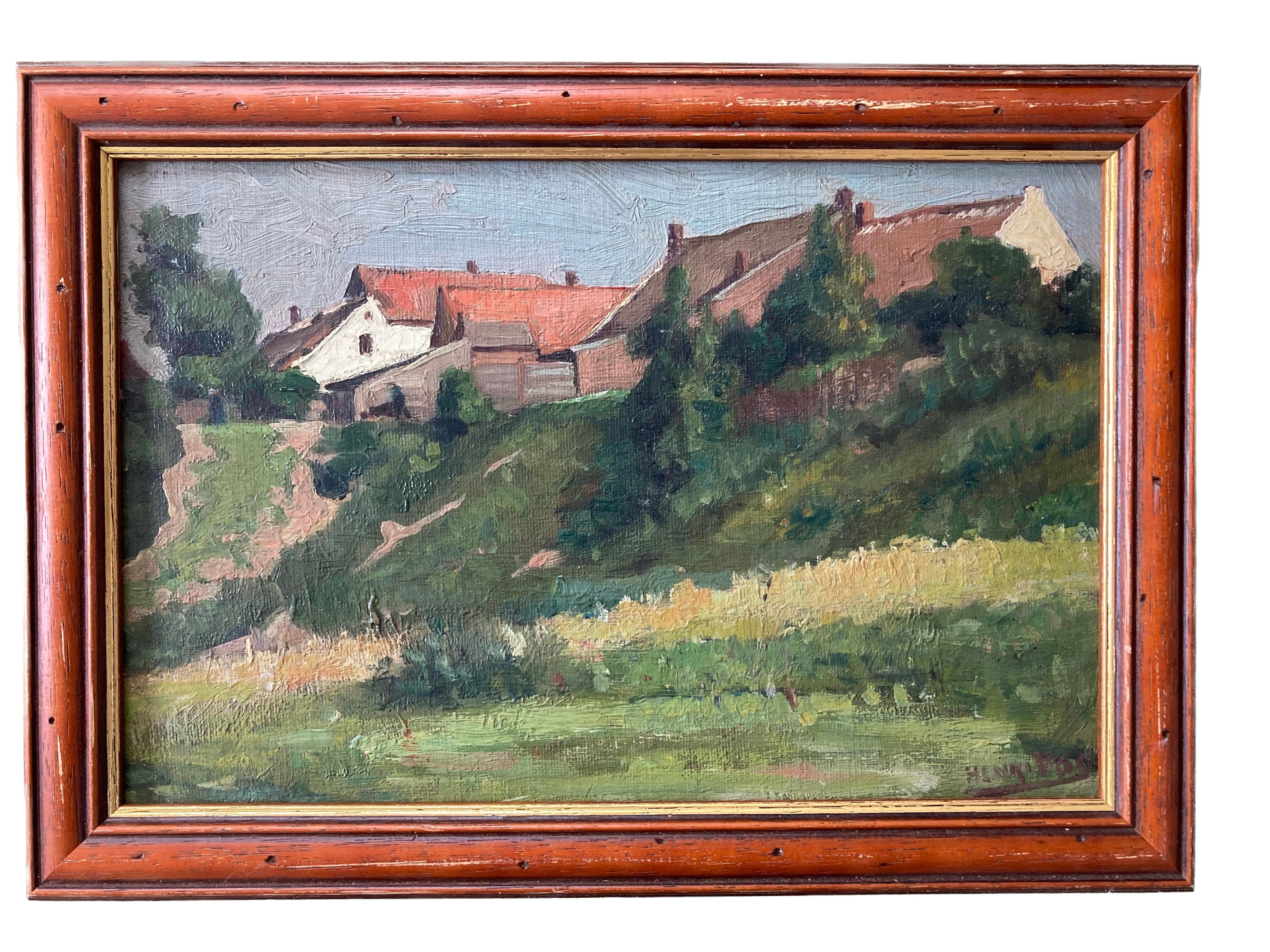 Belgisches impressionistisches Gemälde eines sonnenbeschienenen Dorfes