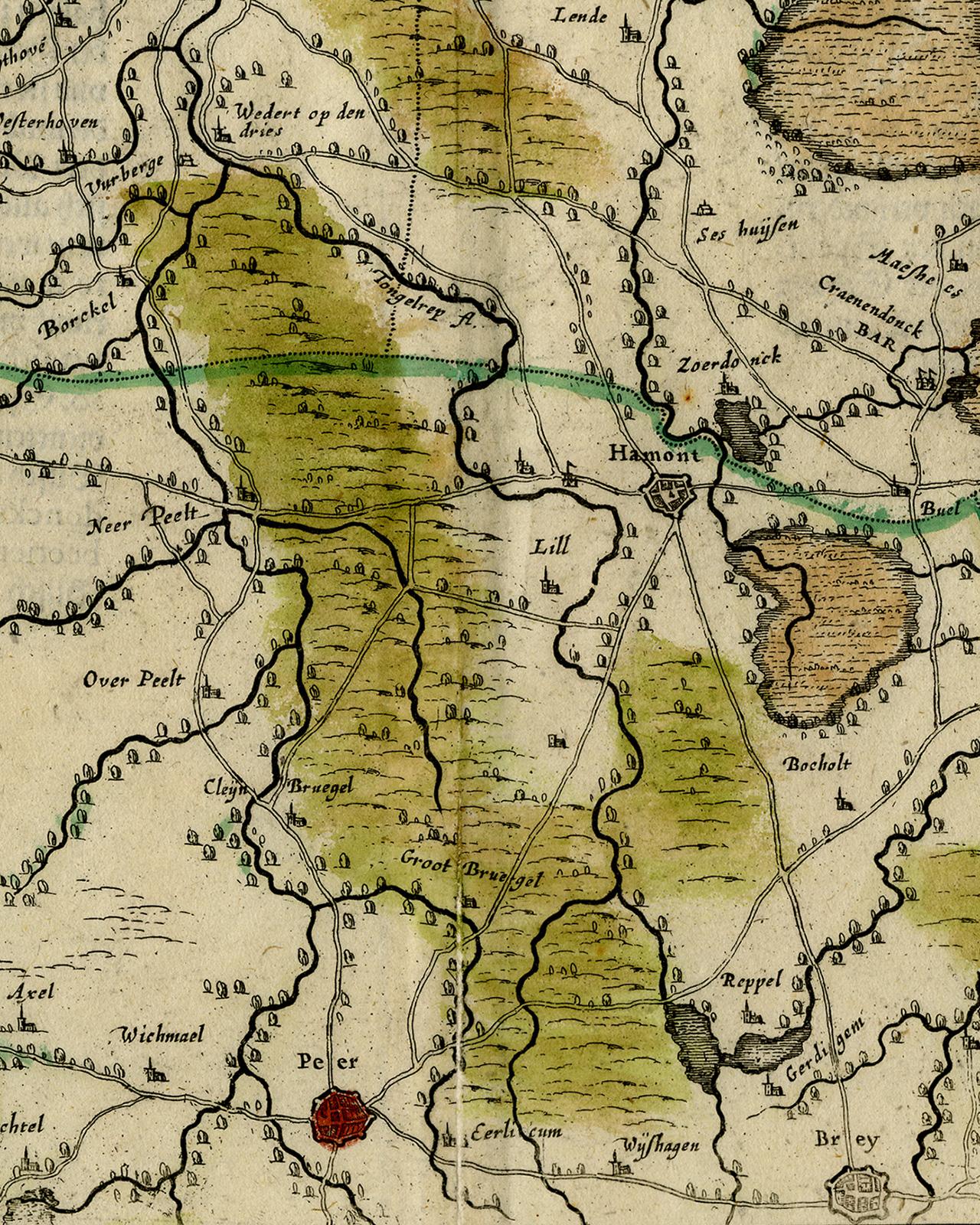 Antique map of  Brabant (Brabantiae) by Hondius - Handcol. engraving - 17th c. - Brown Print by Henricus Hondius