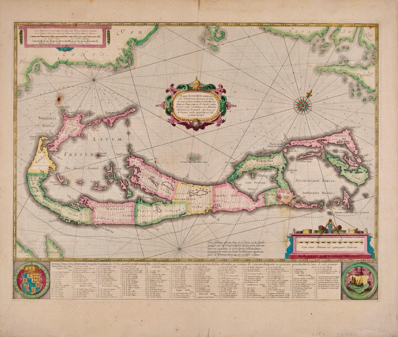 Cette attrayante et intéressante carte des Bermudes réalisée par Henricus Hondius en 1633 est intitulée "Mappa Aestivarum Insularum, Alias Barmudas". Elle est basée sur une étude de Richard Norwood en 1618, qui a conduit à des cartes antérieures de