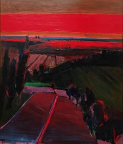 "Taos Road" Henrietta Berk, Abstrahierte Landschaft, leuchtend rot, Expressionist