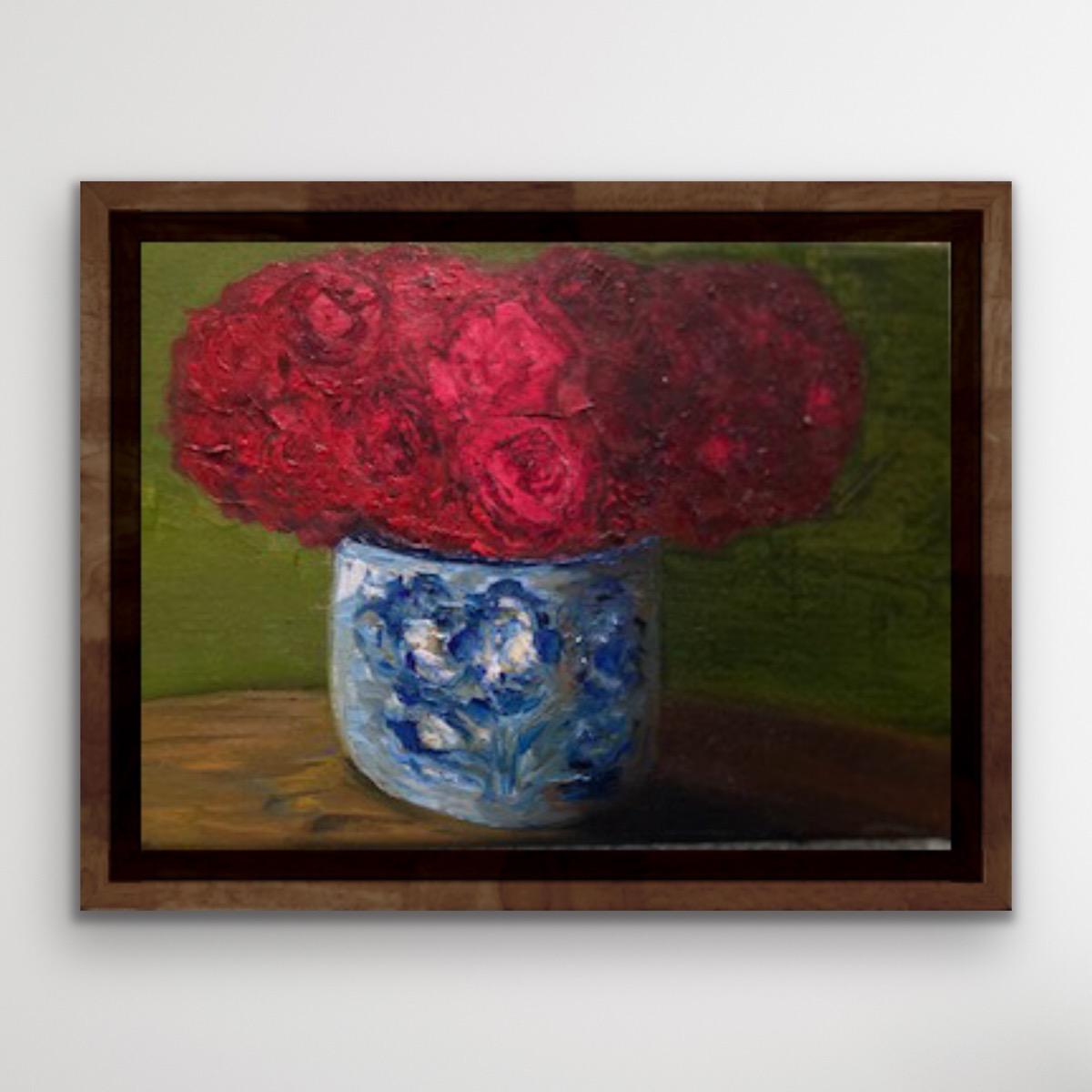 Red Roses in Delft Pot, Still Life Painting, Traditional Style Floral Art For Sale 1