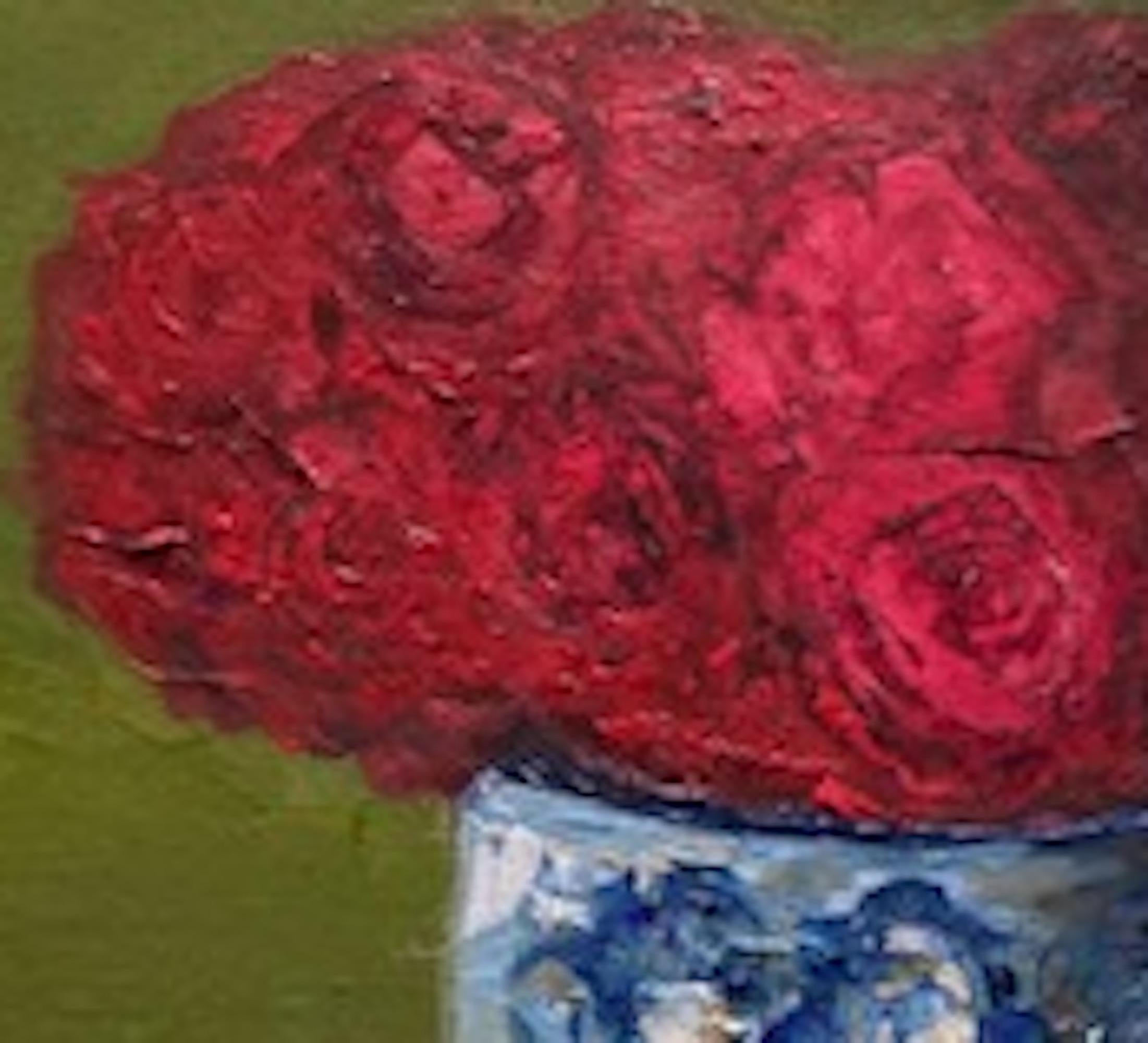 Red Roses in Delft Pot, Still Life Painting, Traditional Style Floral Art For Sale 2