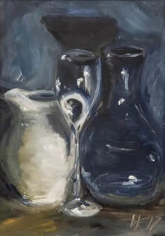 Used White Jug, original painting, Still life, Jugs, pottery 