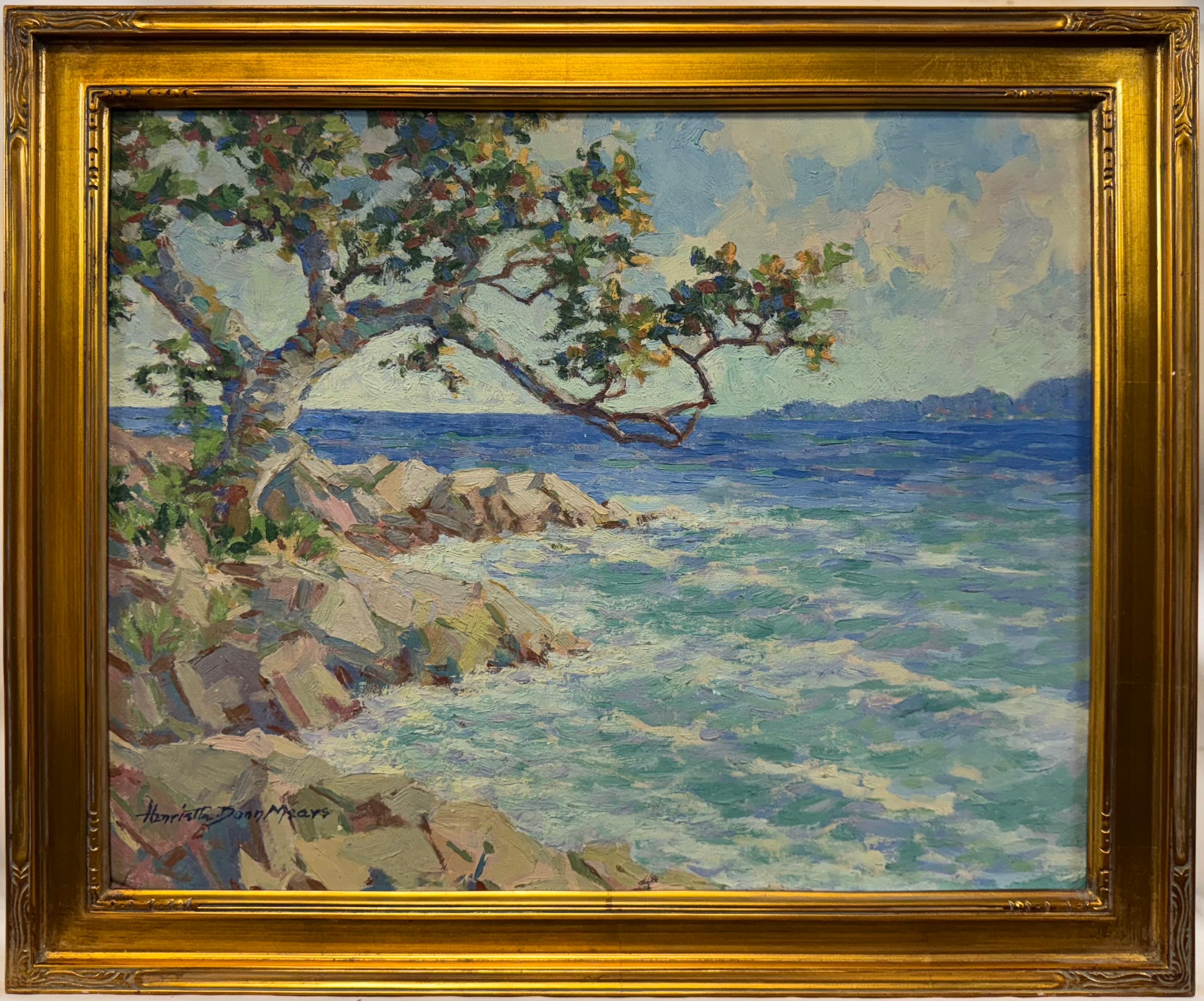 Ein lebhaftes Bermuda-Meeresbild, das die felsige Küste mit türkisfarbenem Wasser zeigt, das sich an sonnenbeschienenen Felsbrocken unter einem ausladenden Baum bricht. Mears verwendet kräftige, strukturierte Pinselstriche und eine reiche Palette