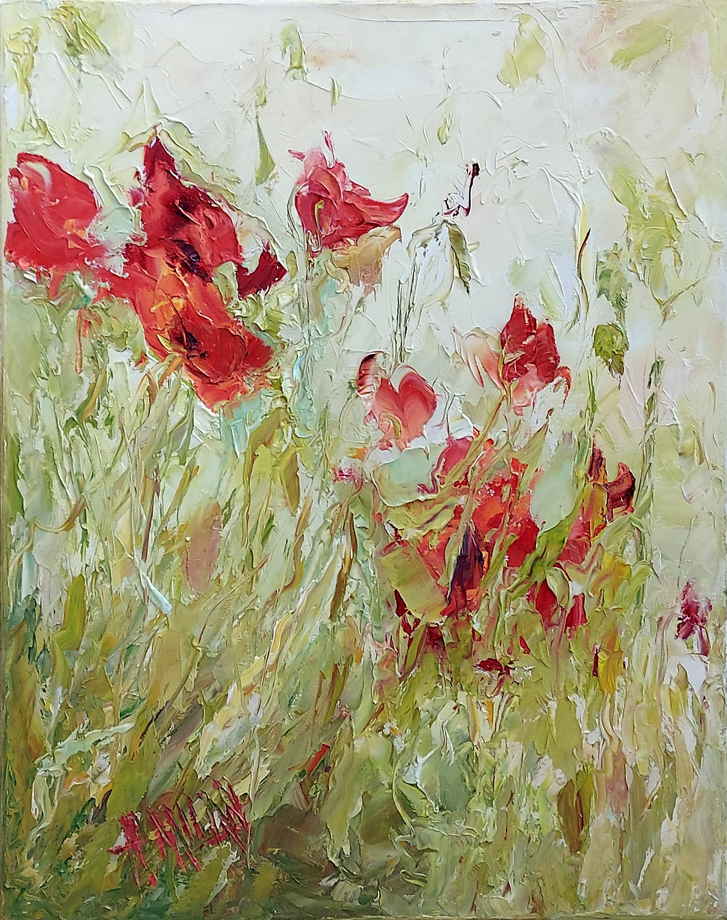 Dieses Werk, "Poppy #44", ist ein 20x16 großes Ölgemälde auf Leinwand der Künstlerin Henrietta Milan, das einen Blick in einen üppigen Garten voller blühender roter Mohnblumen zeigt. Hohe grüne Halme wiegen sich in der Sommerbrise, und der süße Duft