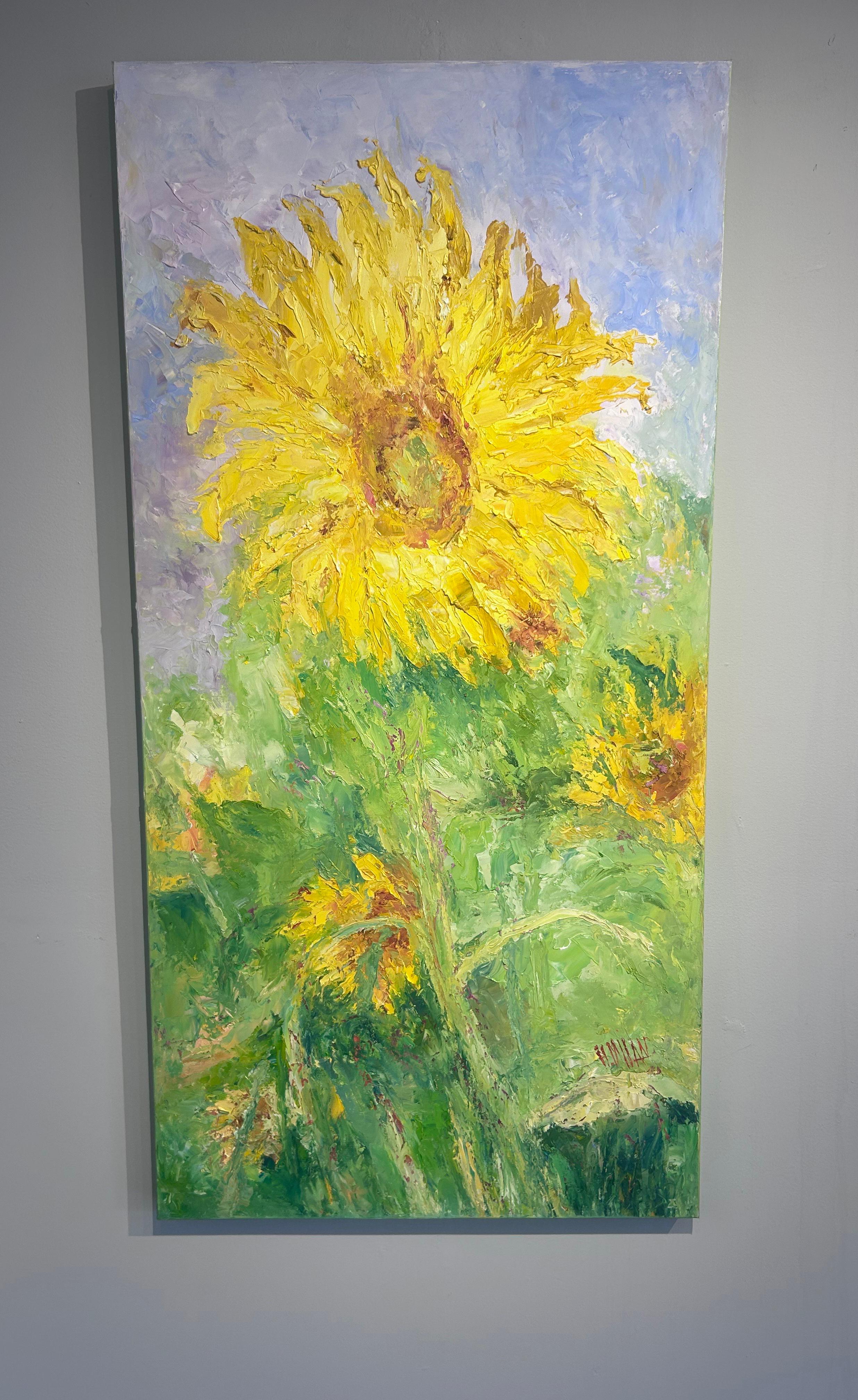 Henrietta Milan, « Tournesol géant », peinture à l'huile jaune, 48 x 24 cm en vente 1