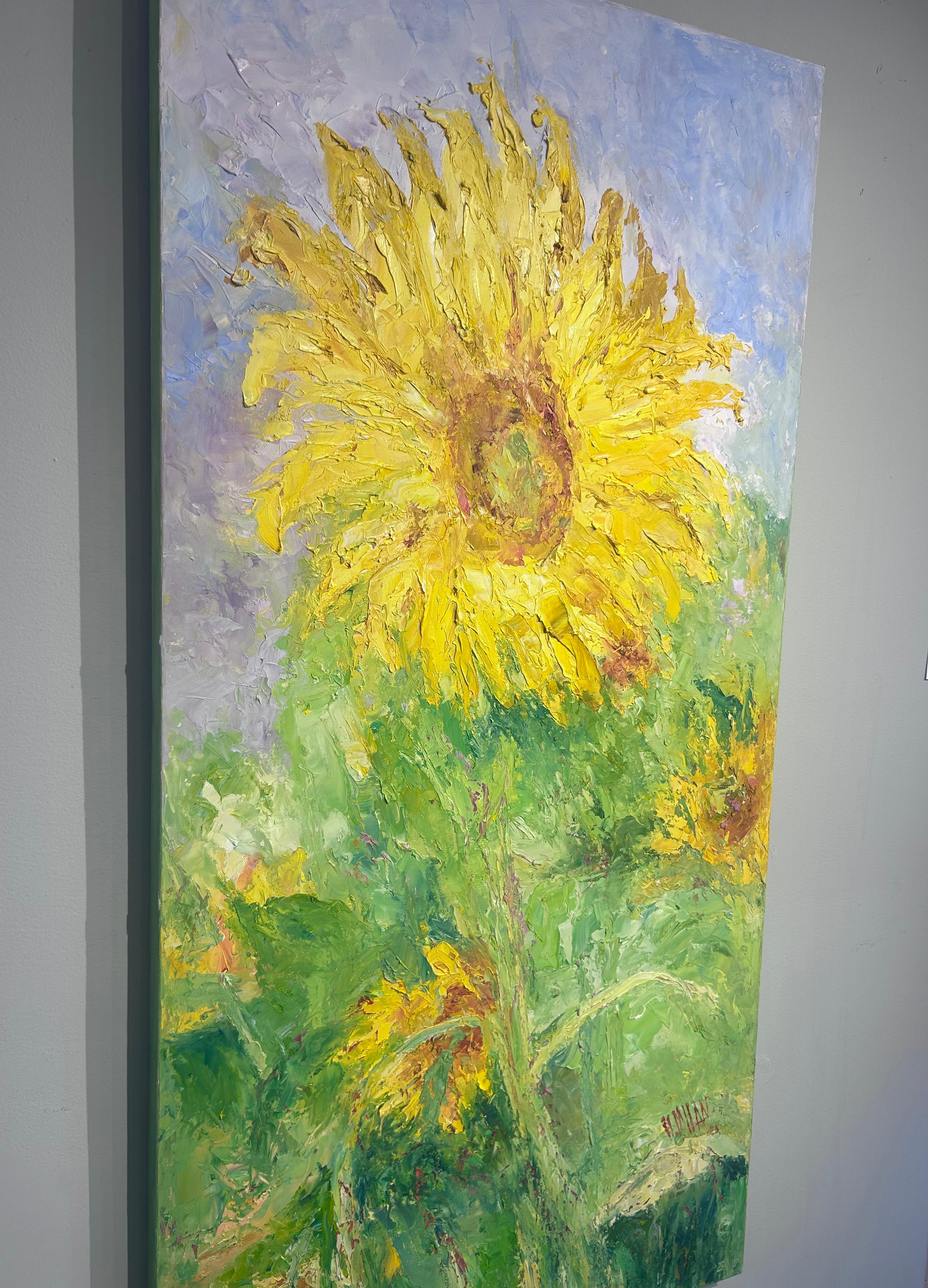 Henrietta Milan, « Tournesol géant », peinture à l'huile jaune, 48 x 24 cm en vente 3