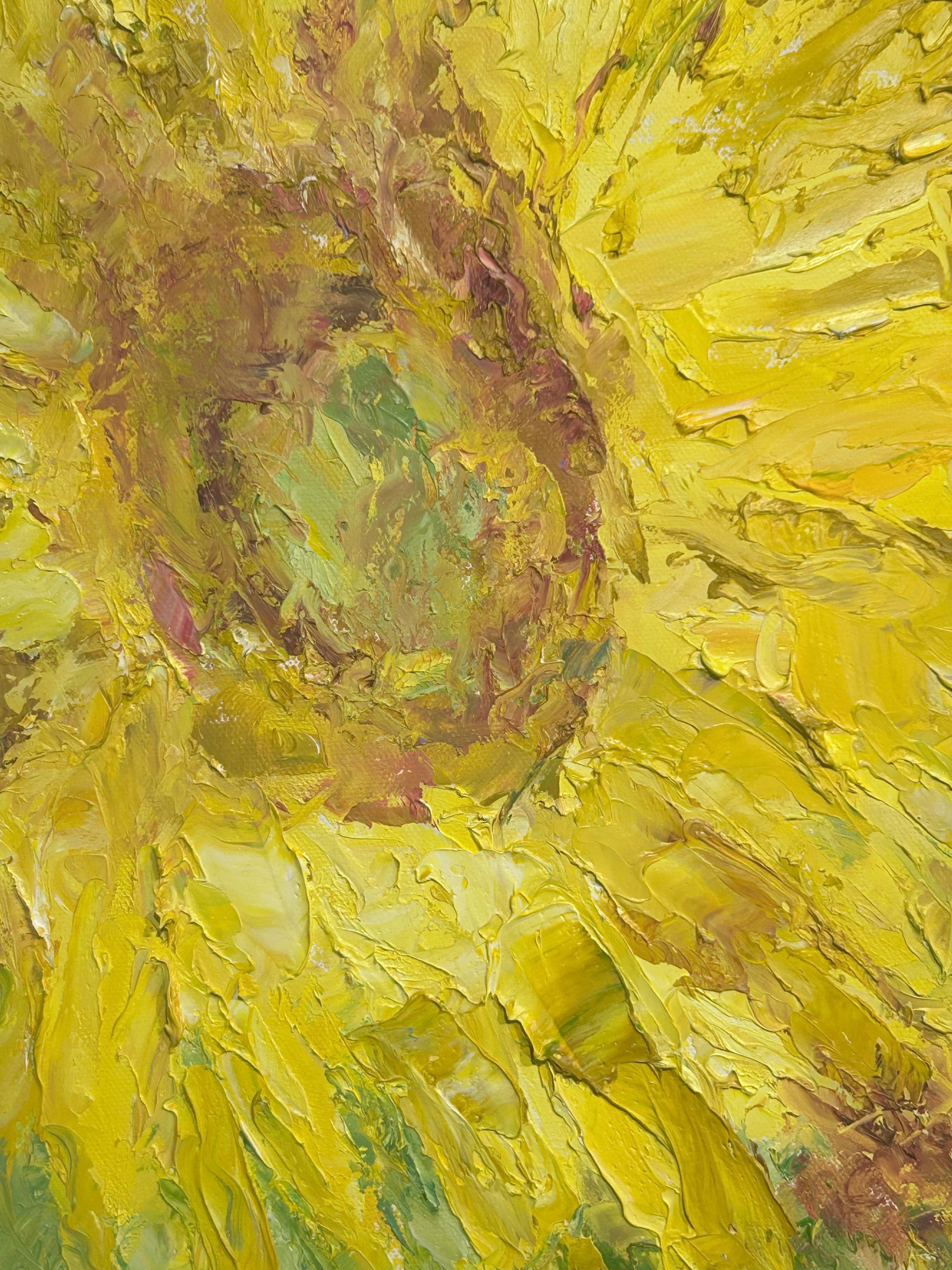 Henrietta Milan, « Tournesol géant », peinture à l'huile jaune, 48 x 24 cm en vente 6