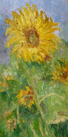 Henrietta Milan, "Sunflower Giant", 48x24 Yellow Garden Landscape Oil Painting