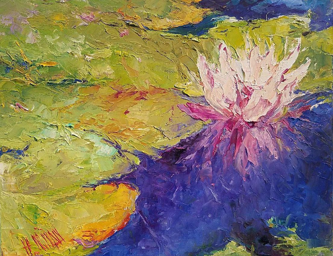 Henrietta Milan, „Lily #137“, Lilypad-Gemälde in Violett, Grün und Rosa, 16x20