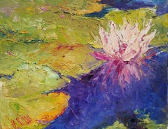 Henrietta Milan, Lily #137, peinture de nénuphars rose, violet, vert et violet 16 x 20