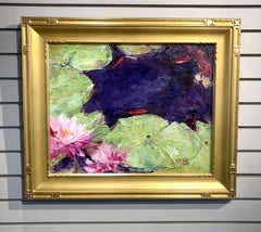 Henrietta Milan, "Lily #142" 16x20 Purple Green Pink Lilypad Floral Oil Painting