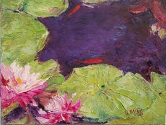 Henrietta Milan, Lily #142" 16x20 Peinture à l'huile florale Lilypad rose, violet, vert et rose