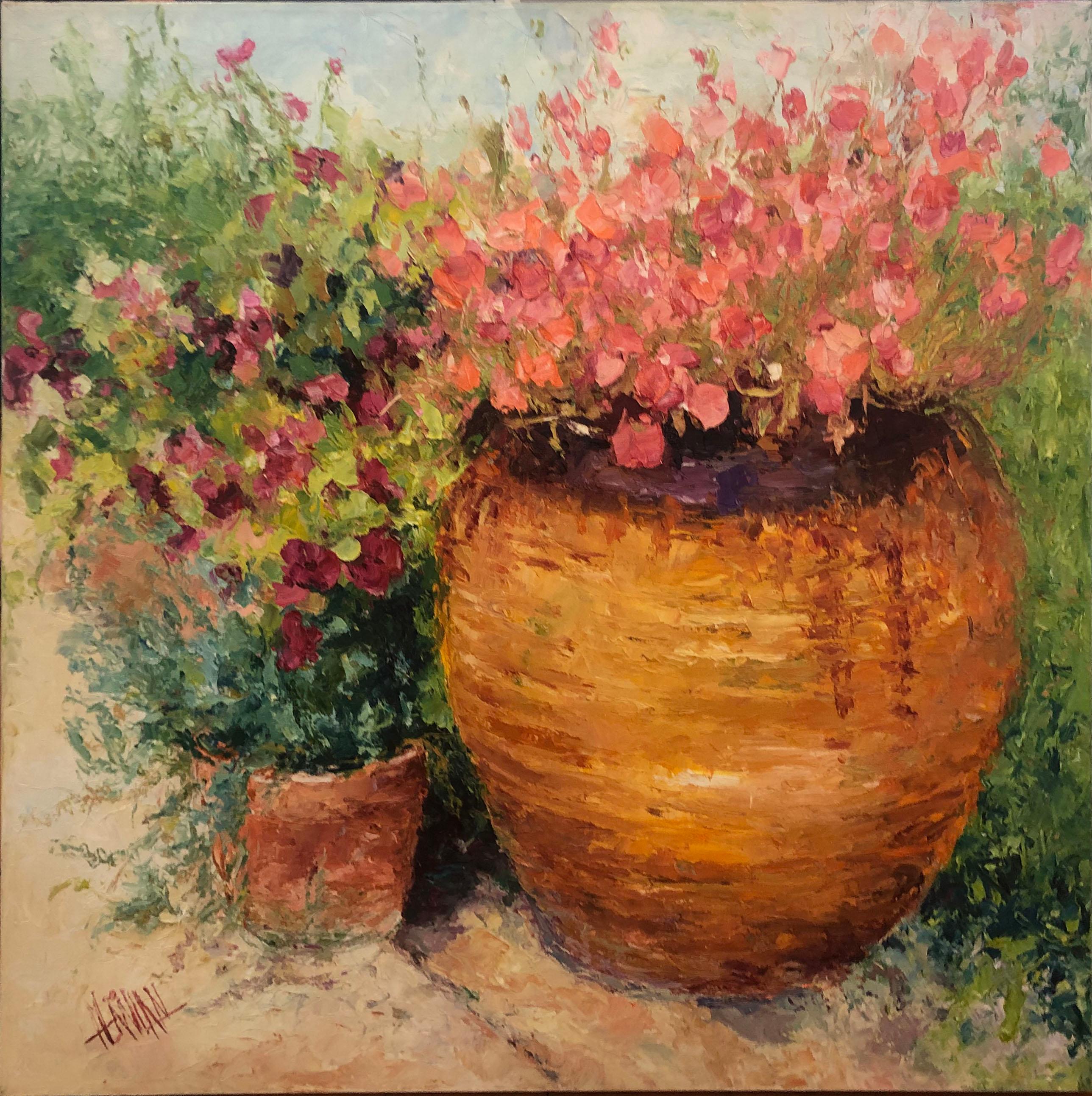 Henrietta Milan, "Sophie's Domain", peinture à l'huile de fleurs potées roses, 36 x 36 