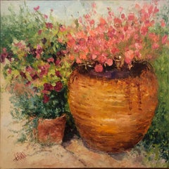 Henrietta Mailand, „Sophie's Domain“, 36x36 Rosafarbenes Ölgemälde mit Topfblume, Henrietta Mailand 