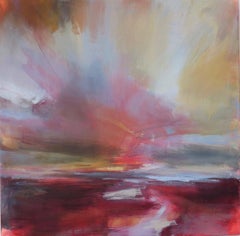 Luz vespertina, Paisaje marino abstracto de colores brillantes, Pintura de paisaje aéreo