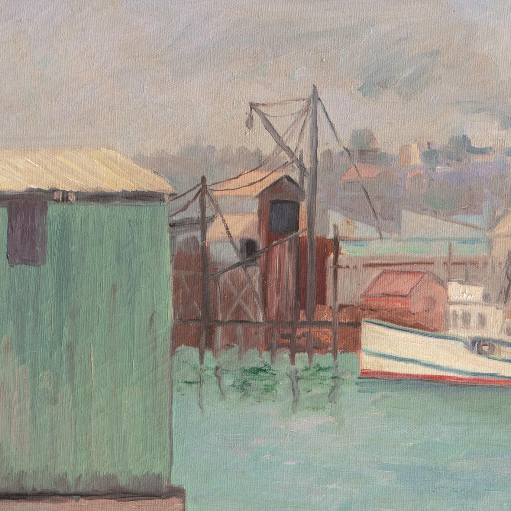Signed lower left, 'H. Williams' for Henrietta W. Williams (American, 19-20th Century) and painted circa 1950; additionally accompanied by old San Diego Art Guild Exhibition label verso bearing artist's name, address and title 'Fisherman's Shack'.