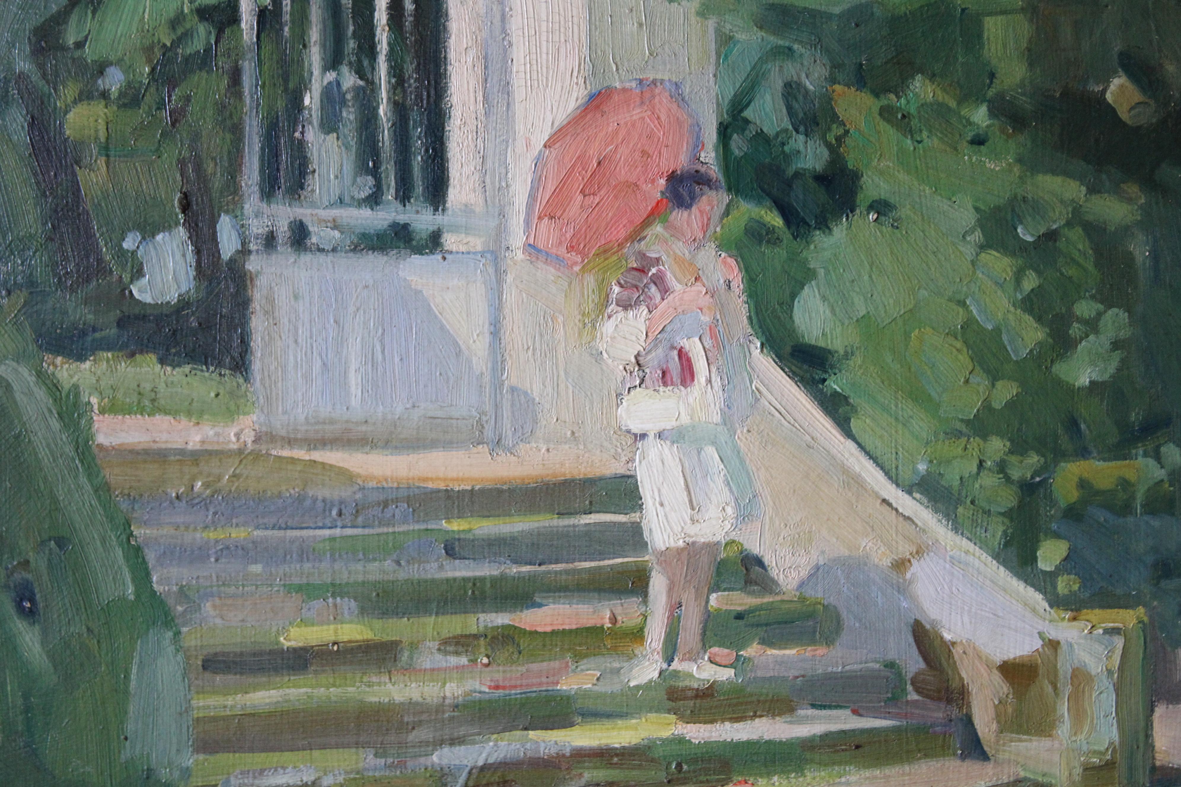 Figurative impressionist oil painting of a woman on steps with umbrella 6