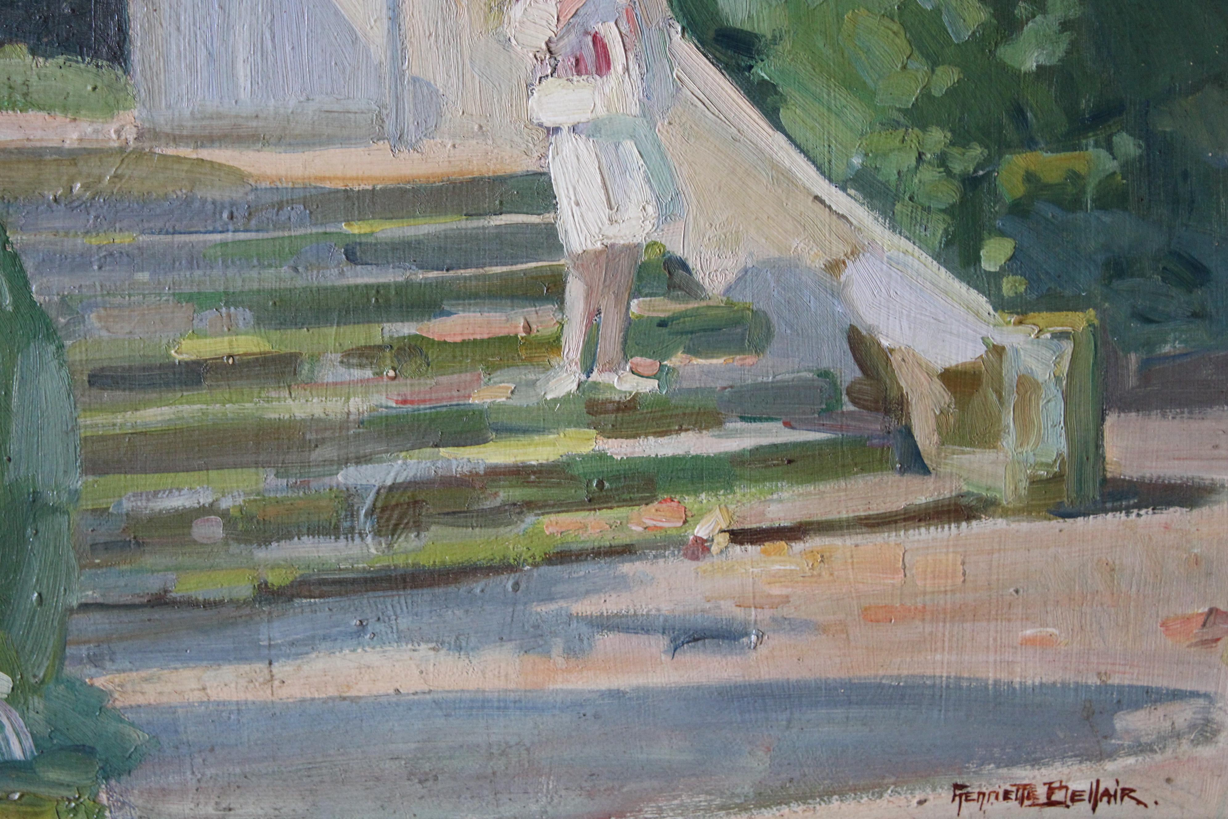 Figurative impressionist oil painting of a woman on steps with umbrella 7