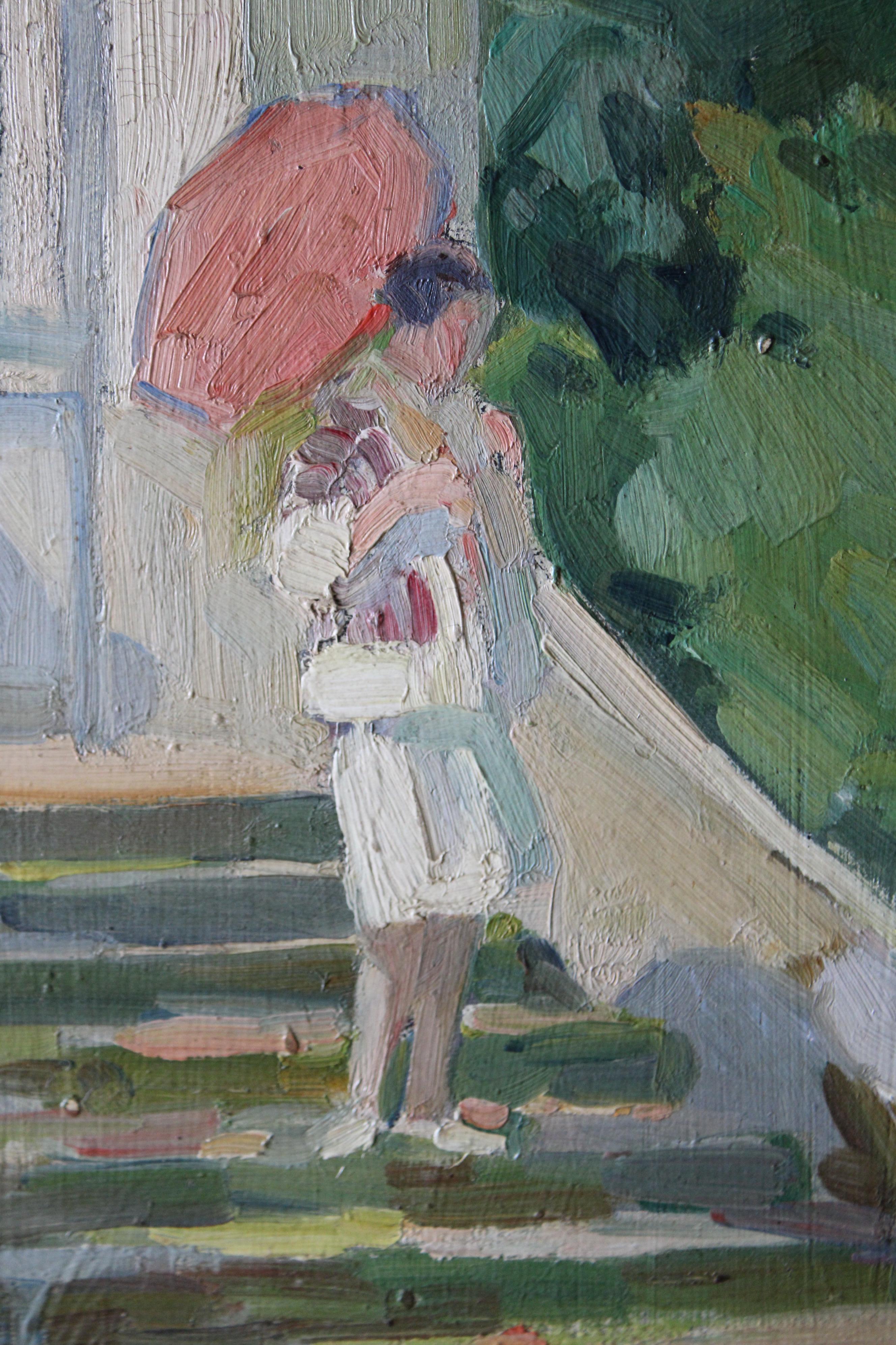 Figurative impressionist oil painting of a woman on steps with umbrella 8